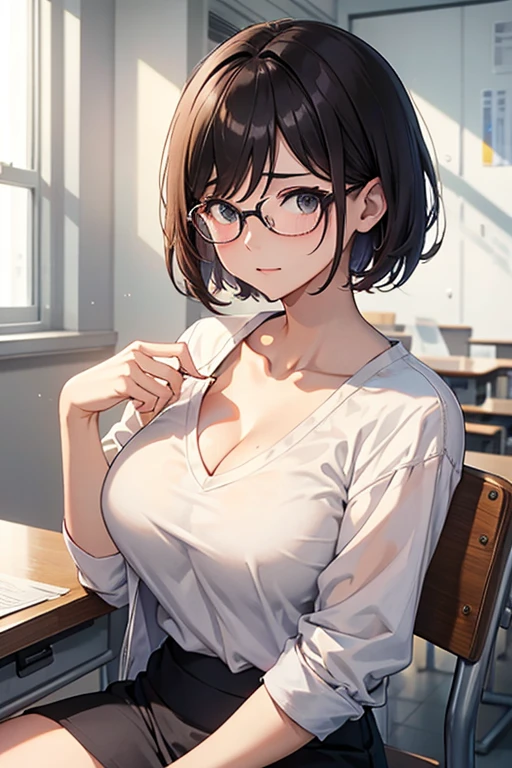 University、campus、Beauty、Upper body、sit down、During class。short hair、meaty、Glamour、V-neck shirt、I can see your chest、Glasses、big breasts