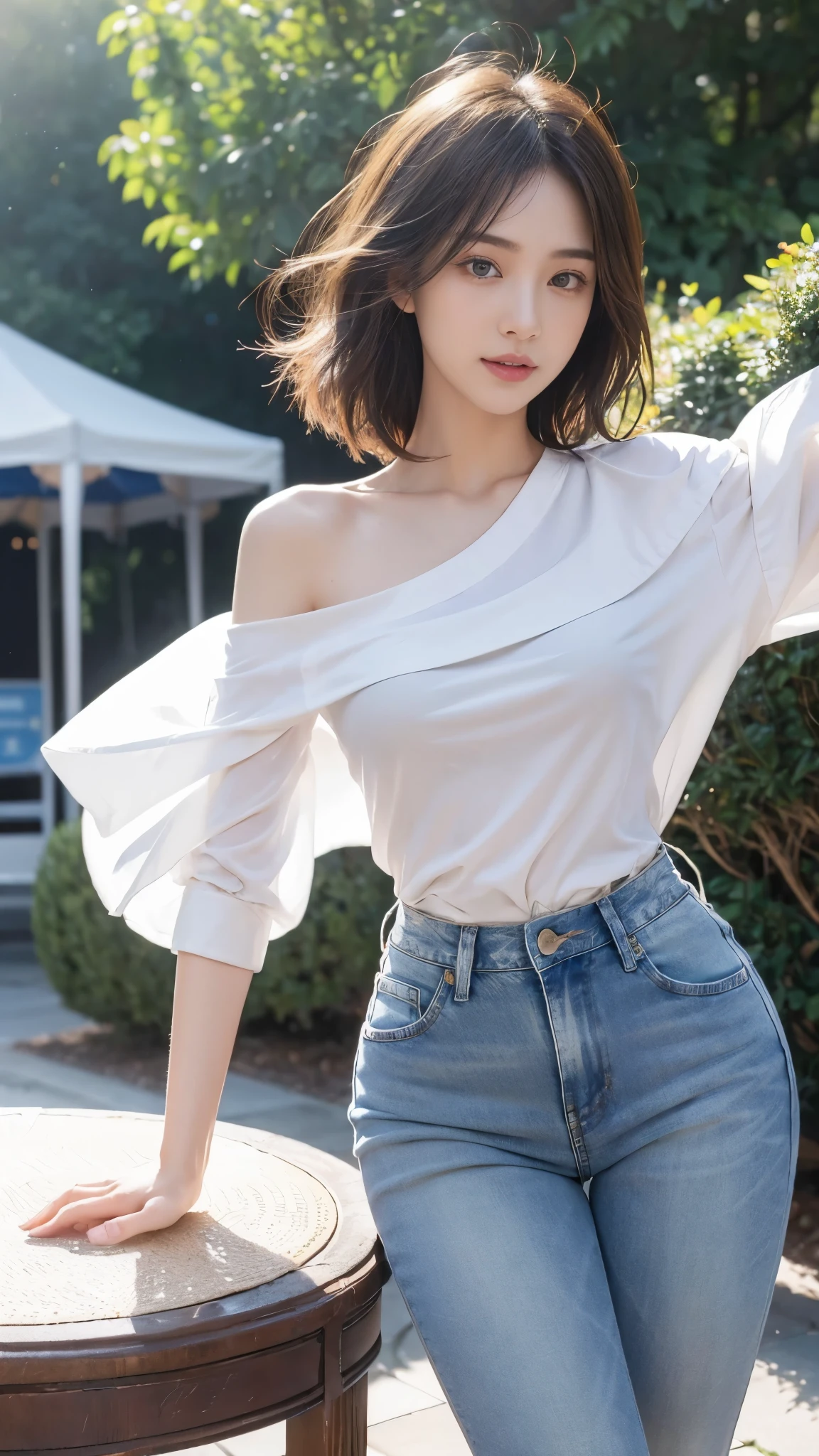 (photorealistic:1.4), (Best image quality:1.0), (Super high resolution A:1.0), 8 thousand, raw photo, (masterpiece:0.2), (pure eros face_V1:0.5)、(best quality Detail:1.2)、realistic、8 thousand UHD、highest resolution、(1 girl:1.2)、very detailed、High-quality textures、delicate details、The Details、very detailed CG、high quality shadows、Detail : beautiful and delicate face、Detail : beautiful delicate eyes、depth of field、ray tracing,1 girl, beautiful skin, facing the front, sky porn, Magic hour, (realistic:1.3), in detail, (realistic:1.1), (best quality), (intricate details), (Bright hair), (very small face), (Very short and light hair), (beautiful smile), sexy legs, slim waist, chapped lips, (She enjoys the theme park), (Sexy jeans:1.3), (oven shoulder shirt:1.3),