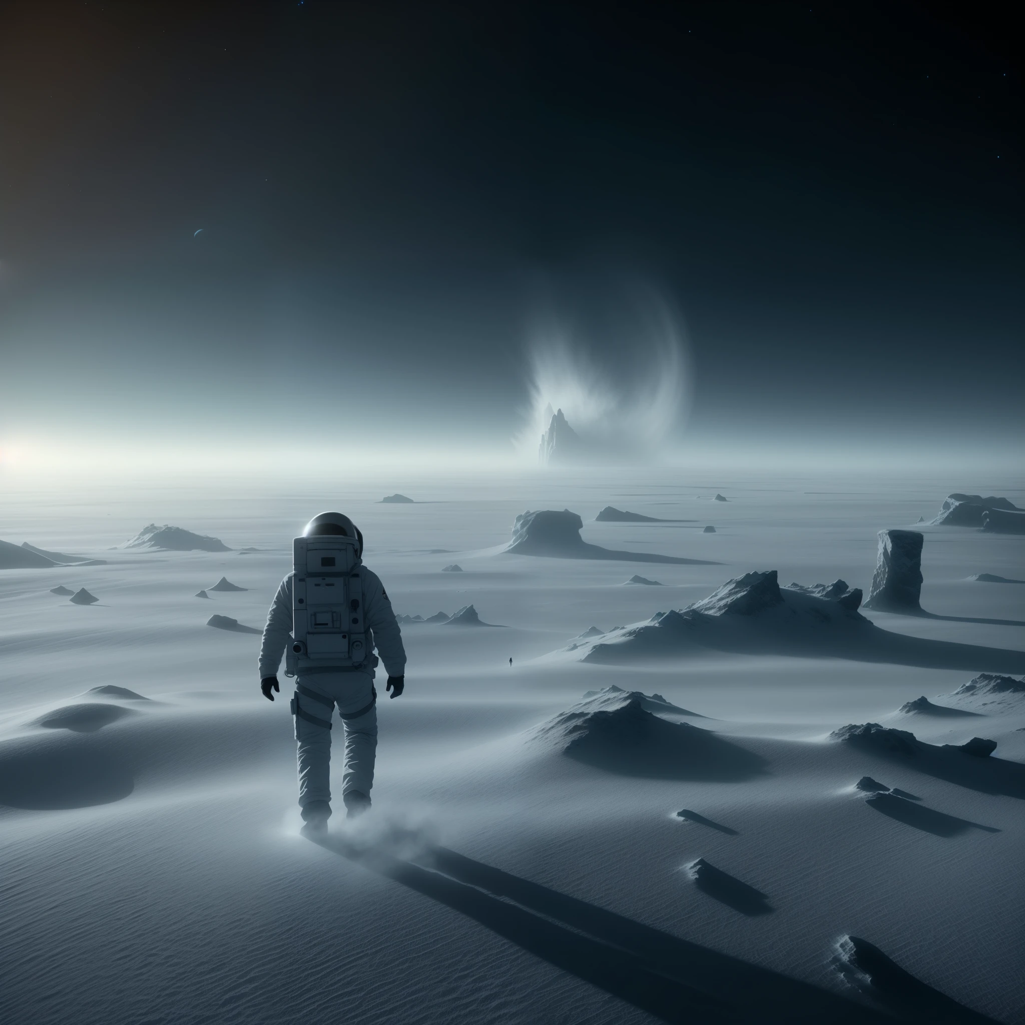 astronaut walking on a snowy surface with a large object in the distance, by Christopher Balaskas, walking across ice planet, inspired by roger deakins, inspired by Christopher Balaskas, inspired by Michał Karcz, inspired by Michal Karcz, interstellar hyper realism, 8k hd concept art, lonely astronaut, concept art 8 k