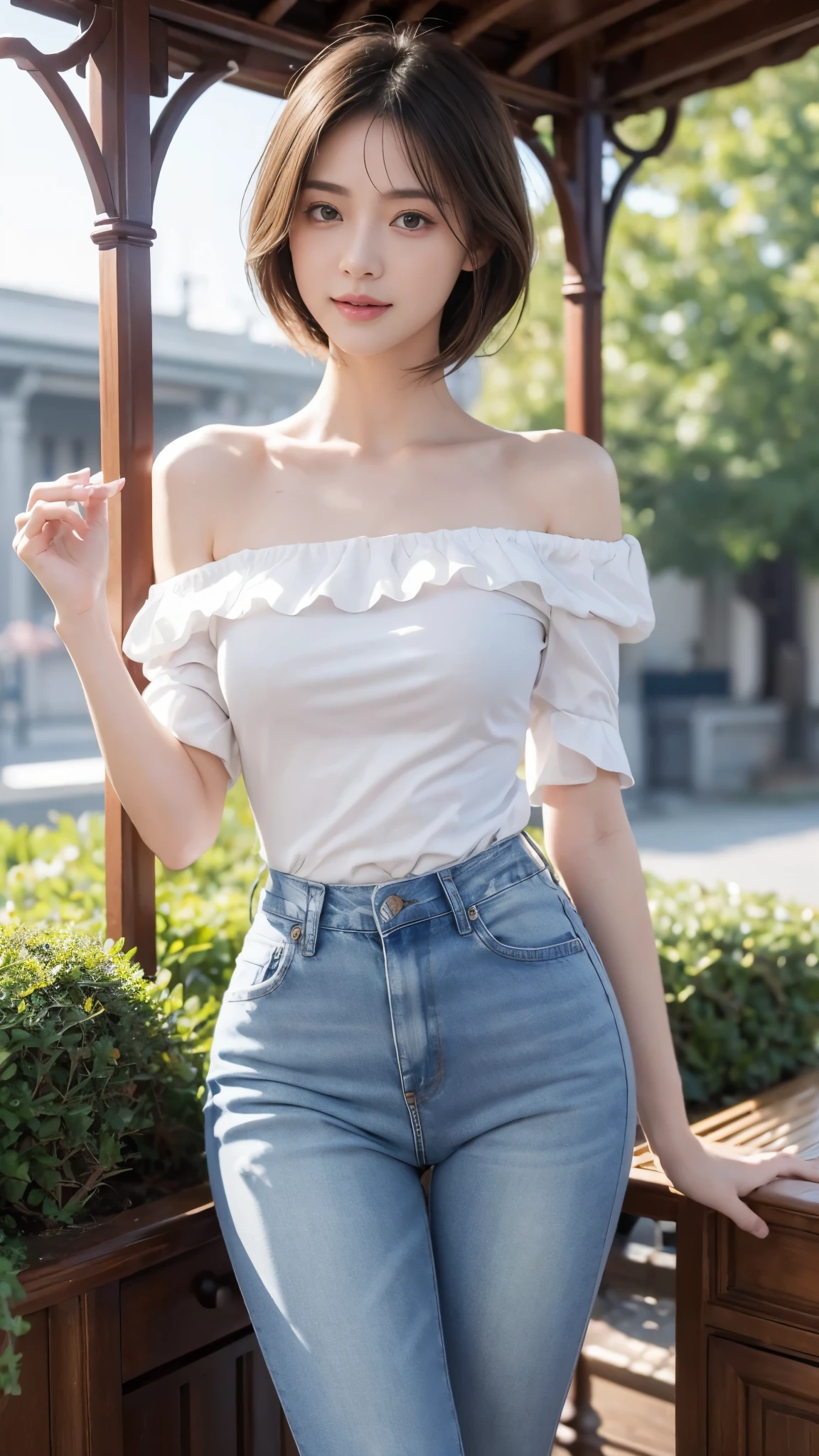 (photorealistic:1.4), (Best image quality:1.0), (Super high resolution A:1.0), 8 thousand, raw photo, (masterpiece:0.2), (pure eros face_V1:0.5)、(best quality Detail:1.2)、realistic、8 thousand UHD、highest resolution、(1 girl:1.2)、very detailed、High-quality textures、delicate details、The Details、very detailed CG、high quality shadows、Detail : beautiful and delicate face、Detail : beautiful delicate eyes、depth of field、ray tracing,1 girl, beautiful skin, facing the front, sky porn, Magic hour, (realistic:1.3), in detail, (realistic:1.1), (best quality), (intricate details), (Bright hair), (very small face), (Very short and light hair), (beautiful smile), sexy legs, slim waist, chapped lips, (She enjoys the theme park), (Sexy jeans:1.3), (oven shoulder shirt:1.3),