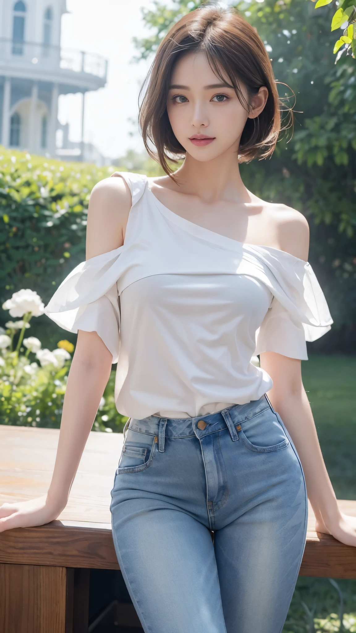 (photorealistic:1.4), (Best image quality:1.0), (Super high resolution A:1.0), 8 thousand, raw photo, (masterpiece:0.2), (pure eros face_V1:0.5)、(best quality Detail:1.2)、realistic、8 thousand UHD、highest resolution、(1 girl:1.2)、very detailed、High-quality textures、delicate details、The Details、very detailed CG、high quality shadows、Detail : beautiful and delicate face、Detail : beautiful delicate eyes、depth of field、ray tracing,1 girl, beautiful skin, facing the front, sky porn, Magic hour, (realistic:1.3), in detail, (realistic:1.1), (best quality), (intricate details), (Bright hair), (very small face), (Very short and light hair), (beautiful smile), sexy legs, slim waist, chapped lips, (She enjoys the theme park), (Sexy jeans:1.3), (oven shoulder shirt:1.3),