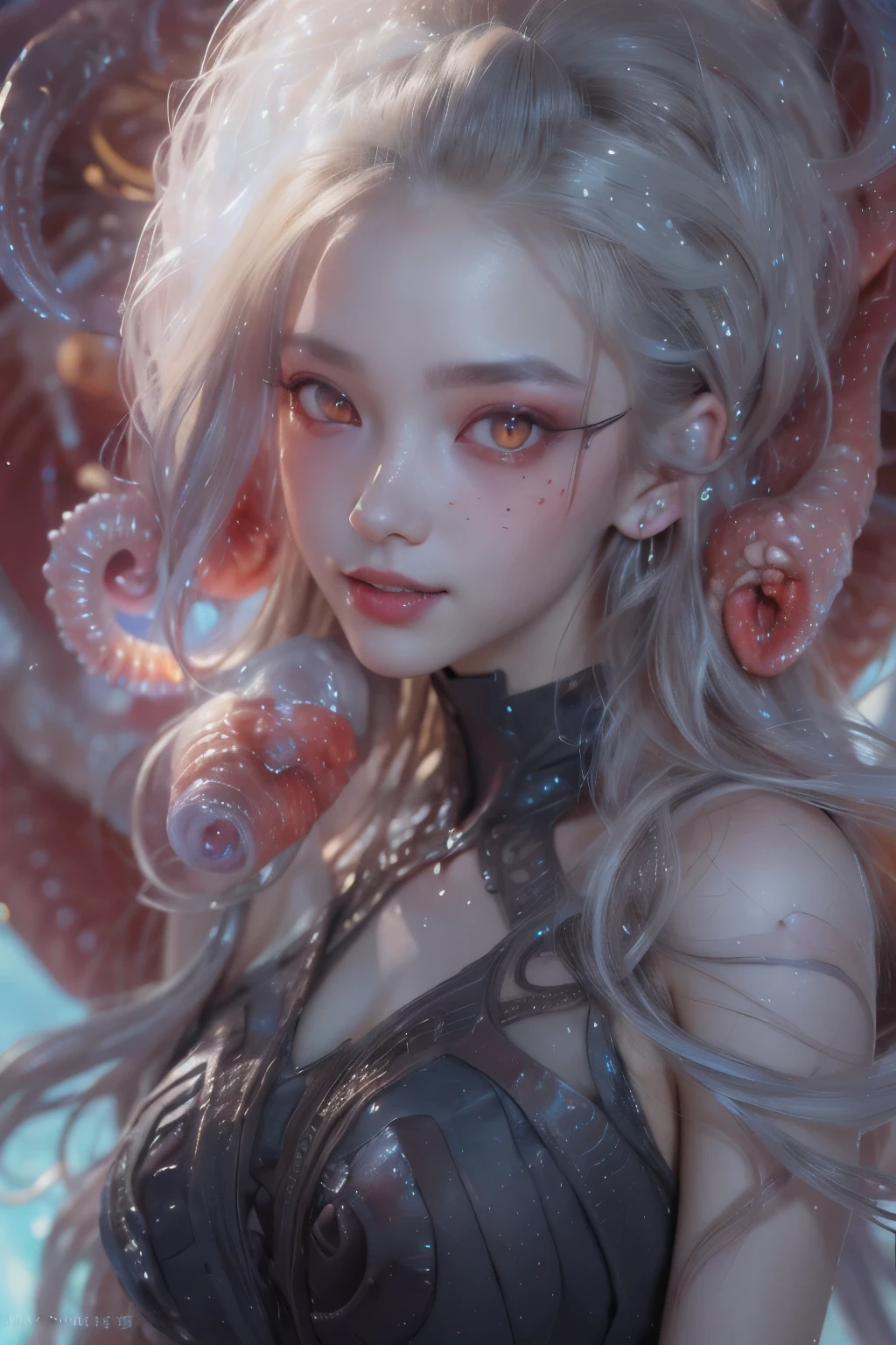 On the chair sits a small curvy  in a bikini, tentacles around, Fine details. Anime. Tentacles, some tentacles are touching her, Covered with tentacles, Wrapped in black tentacles, slime and tentacles, Tentacles, many tentacles, Tentacle, gigantic oily tentacles and eyes, octopus goddess, single tentacle，There is mucus and tentacles on the body，There is white mucus on the legs，There is white slime on the tentacles