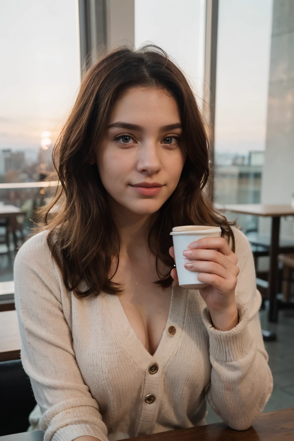 beautiful ginger wearing pink sweater (sipping coffee inside a modern café at sunset), very detailed, 21 years old, innocent face, natural wavy hair, blue eyes, high resolution, masterpiece, best quality, intricate details, highly detailed, sharp focus, detailed skin, realistic skin texture, texture, detailed eyes, professional, 4k, charming smile, shot on Canon, 85mm, shallow depth of field, kodak vision color, perfect fit body, extremely detailed, foto_\(ultra\), photorealistic, realistic, post-processing, maximum detail, roughness, real life, ultra realistic, photorealism, photography, 8k uhd, photography