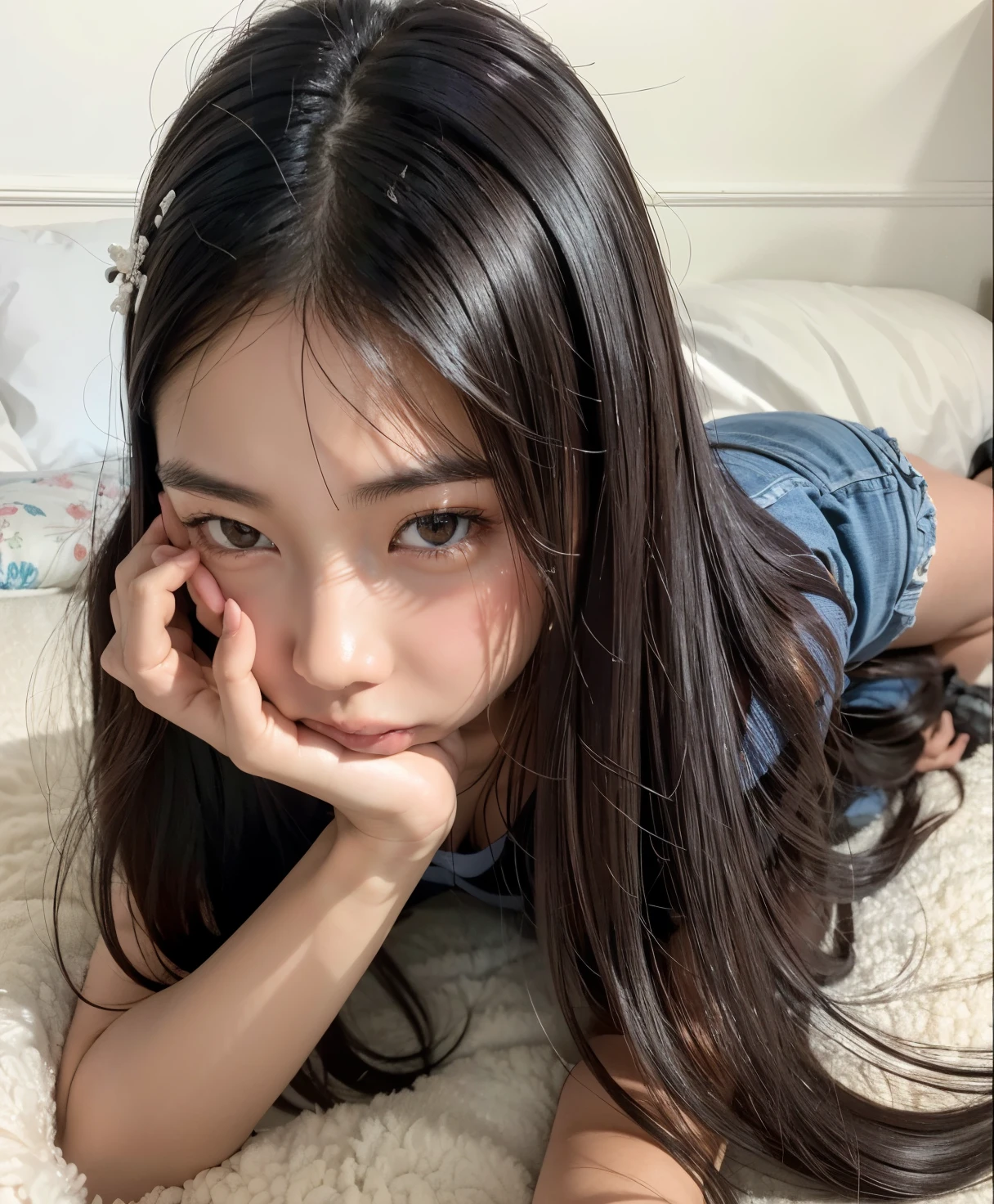 Arafed Asian girl lying on a bed with her head resting on her hand., chiho, Young cute pale asian face, chica linda-cara-fina, peinado recto, lindocore, ulzzang, young asian woman, kimi takemura, shikami, asian girl with long hair, Harumi, el corte de hime, con cara linda - fina