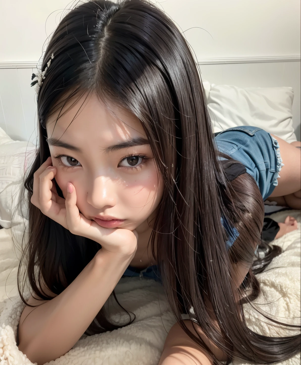 Arafed Asian girl lying on a bed with her head resting on her hand., chiho, Young cute pale asian face, chica linda-cara-fina, peinado recto, lindocore, ulzzang, young asian woman, kimi takemura, shikami, asian girl with long hair, Harumi, el corte de hime, con cara linda - fina