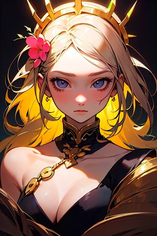 Intricately designed digital drawing of a young girl adorned with a radiant flower crown, akin to the unique artistic styles of Frank Cho and Elina Karimova. Embodied within the Mono-ha aesthetic, the girl showcases a resolute facial expression, softened by the gentle lines and shapes that define her features. The high-resolution image radiates with the vibrant colors and textures of the fashwave movement, ensuring an immersive and captivating visual experience.
