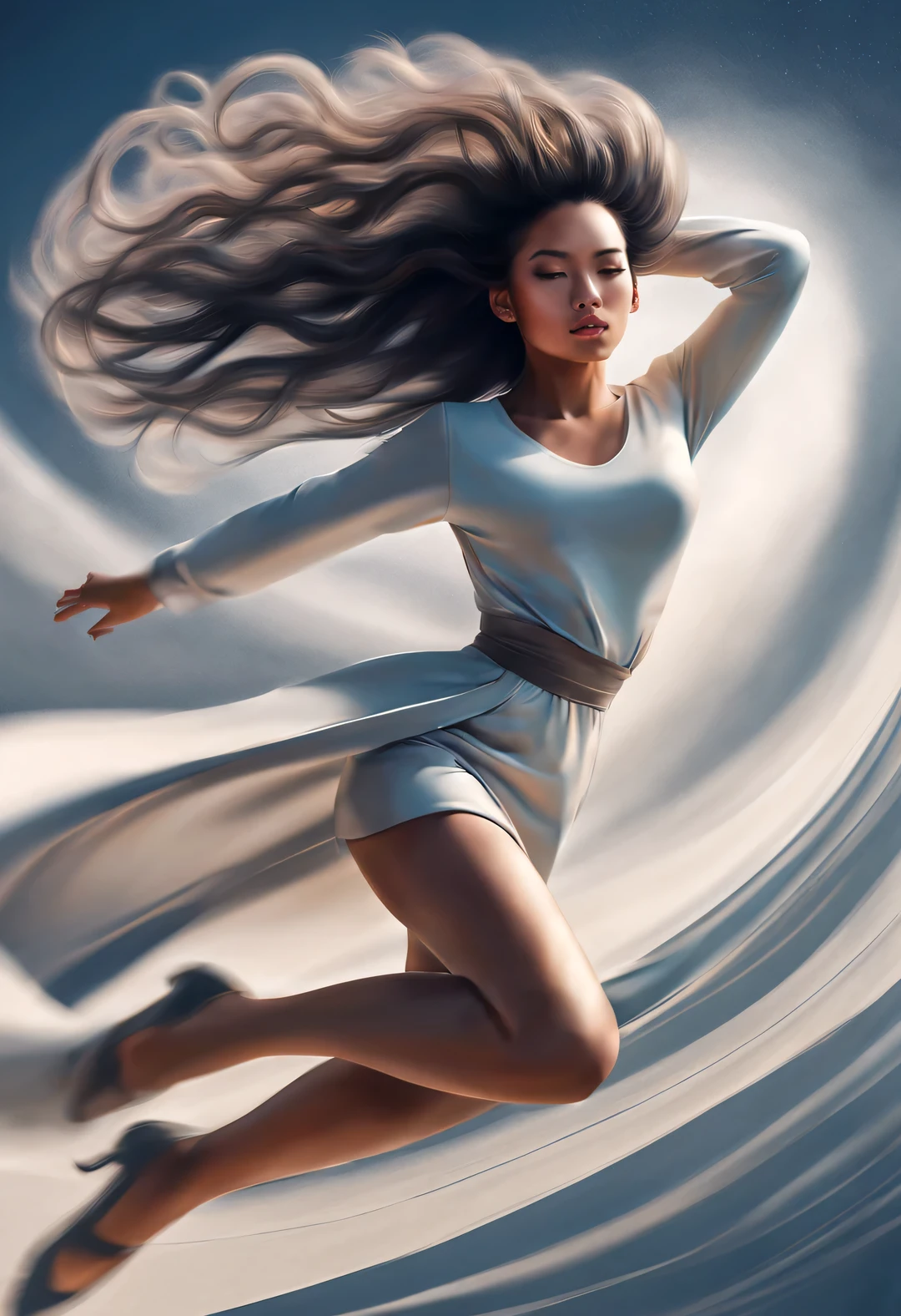 black hair, drill hair, bun, messy hair, long hair, flowing hair, Large hair, expressive hair, Hair, hair covering one eye, absurdly long hair, Yunfa, Yunfa, huge afro, Top knot, eyes closed, open lips, Proud, , Surrealism, modern Art, Action painting, abstract expressionism, Pixar, Pixar, depth of field, motion Vague, backlight, shadow, Vignetting, Scale layers, from below, Sony FE General Manager, ultra high definition, masterpiece, precise, textured skin, Super details, high detail, high quality, Award-winning, best quality, high resolution, 16k,
(Art dance poster design),(whole body),(Beautiful and ethereal Chinese dancers dance gracefully),Dress for the modern workplace,Fair and flawless skin,The bridge of the nose is high and straight,(Thick long hair with messy shawl hair:1.1),Close eyes and indulge in intoxication,(inspired by audrey.Hepburn:1.0),sad yet beautiful,Long and beautiful limbs,slim waist,Exquisite facial features,(barefoot), Swirling mist,Noble temperament,black and white,Chinese ink painting,Surrealism,Vague,imagine,