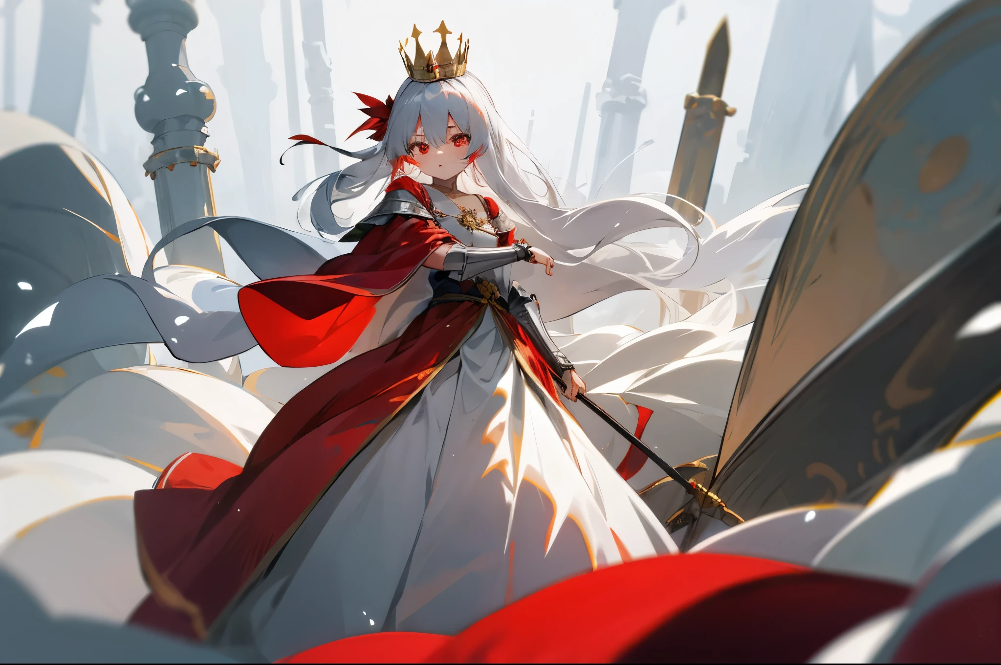 girl,Golden hair,long hair,clavicle hair,red eyes,Silver-white armor,long skirt,knight,poster,of,高质量of,Snow,Silvery crown,crown with emeralds,red cloak,Different world,发光of眼睛,发光of眼睛,发光of眼睛,Shiny hair