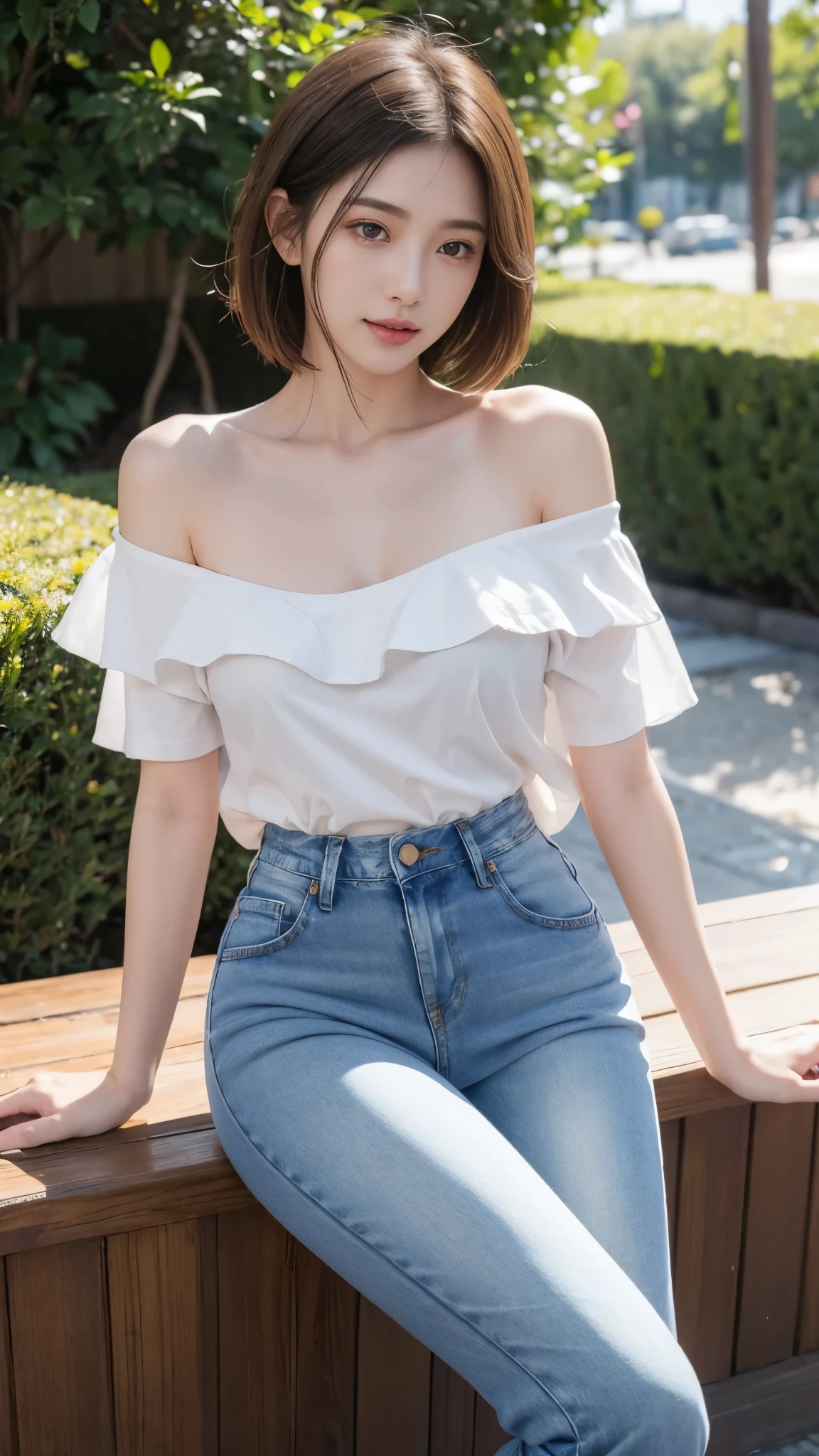 (photorealistic:1.4), (Best image quality:1.0), (Super high resolution A:1.0), 8 thousand, raw photo, (masterpiece:0.2), (pure eros face_V1:0.5)、(best quality Detail:1.2)、realistic、8 thousand UHD、highest resolution、(1 girl:1.2)、very detailed、High-quality textures、delicate details、The Details、very detailed CG、high quality shadows、Detail : beautiful and delicate face、Detail : beautiful delicate eyes、depth of field、ray tracing,1 girl, beautiful skin, facing the front, sky porn, Magic hour, (realistic:1.3), in detail, (realistic:1.1), (best quality), (intricate details), (Bright hair), (very small face), (Very short and light hair), (beautiful smile), sexy legs, slim waist, chapped lips, (She enjoys the theme park), (Sexy jeans:1.3), (oven shoulder multi shirt:1.3),