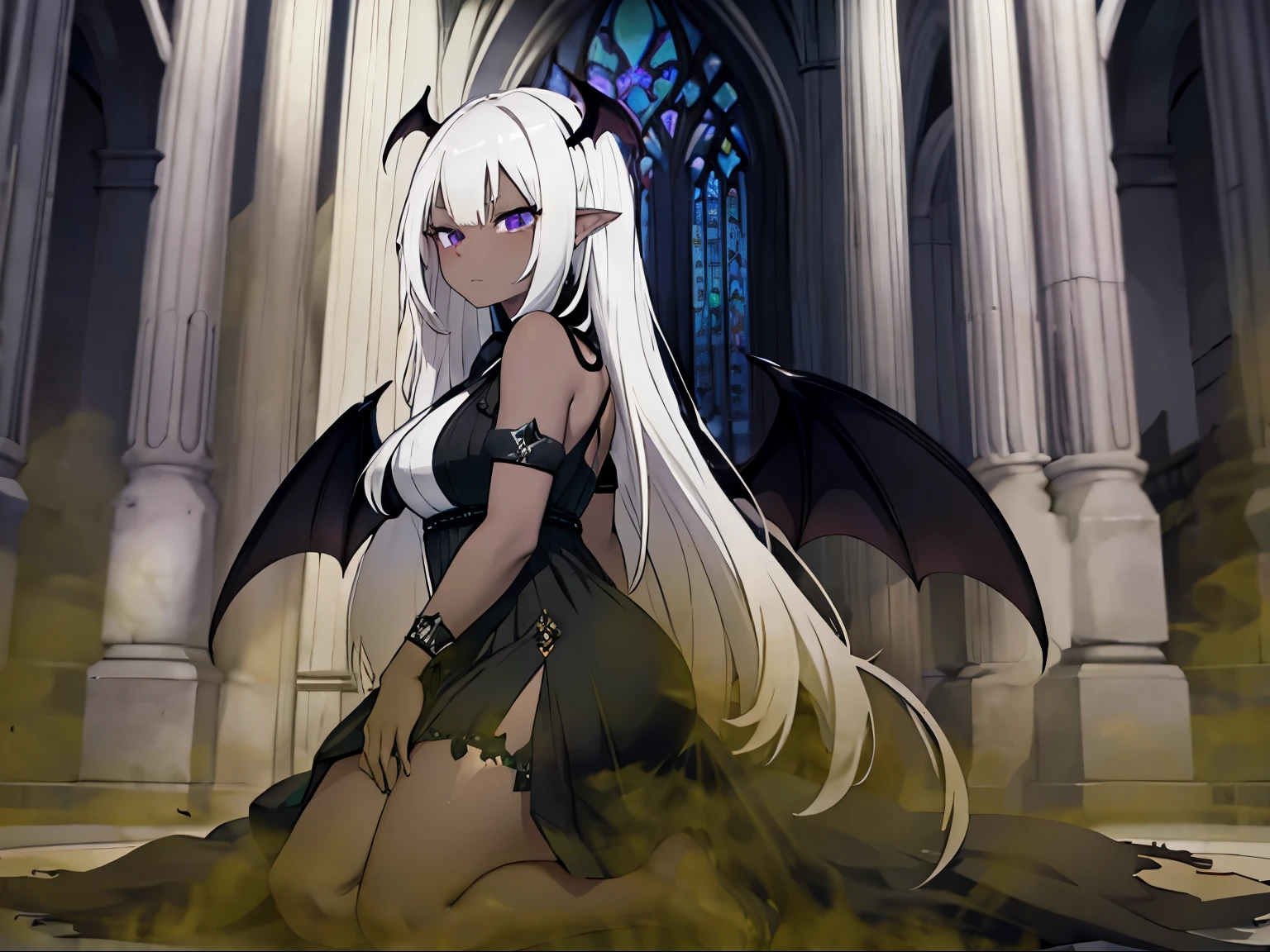 one mature black skinned woman, Long flowing silver hair, Has purple eyes, a form fitting Green dress, thick, has black devil wings, There is a tieflinghorn, alone, alone, (alone)(alone), ebony skin tone, dark skin color, Green dress, form fitting Green dress, in the darkness of the cathedral, Wings of the Black Devil, Has black succubus wings, portrait,Girl fart,shit
