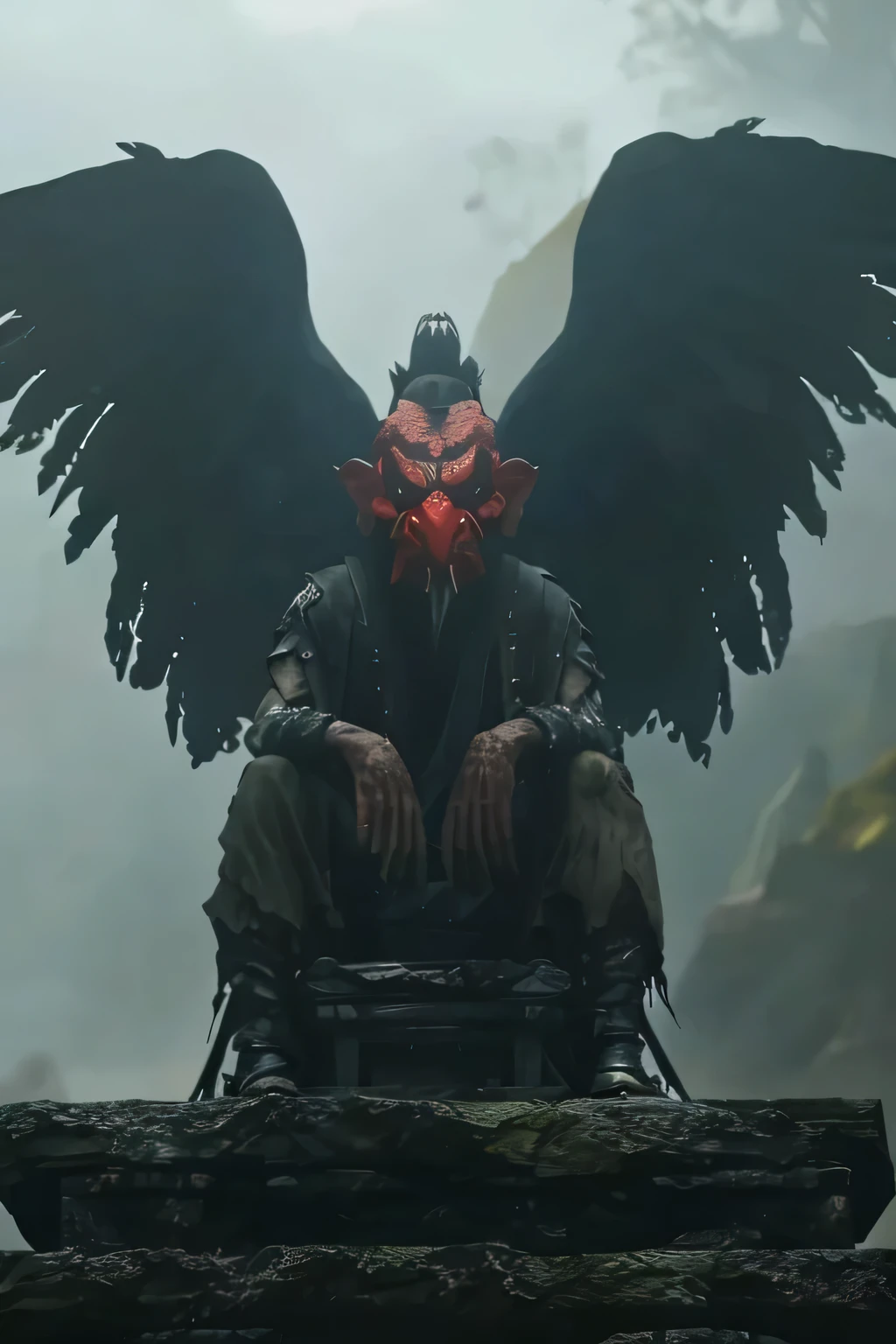 tengu、Big red nose,The devil of Arafed sits on a rock with hiwing spread., devil sitting stylishly, devil'wing, wingのある頭, Diablo 4 Lilith, Willem Dafoe『night of the plague』, From The Witcher (2021), 腕の代わりに黒いwing, harpy, Asmodeus, From Vermintide 2 video game, still from a fantasy movie,My clothes are in tatters,The background is foggy。The background is a blurred mountain