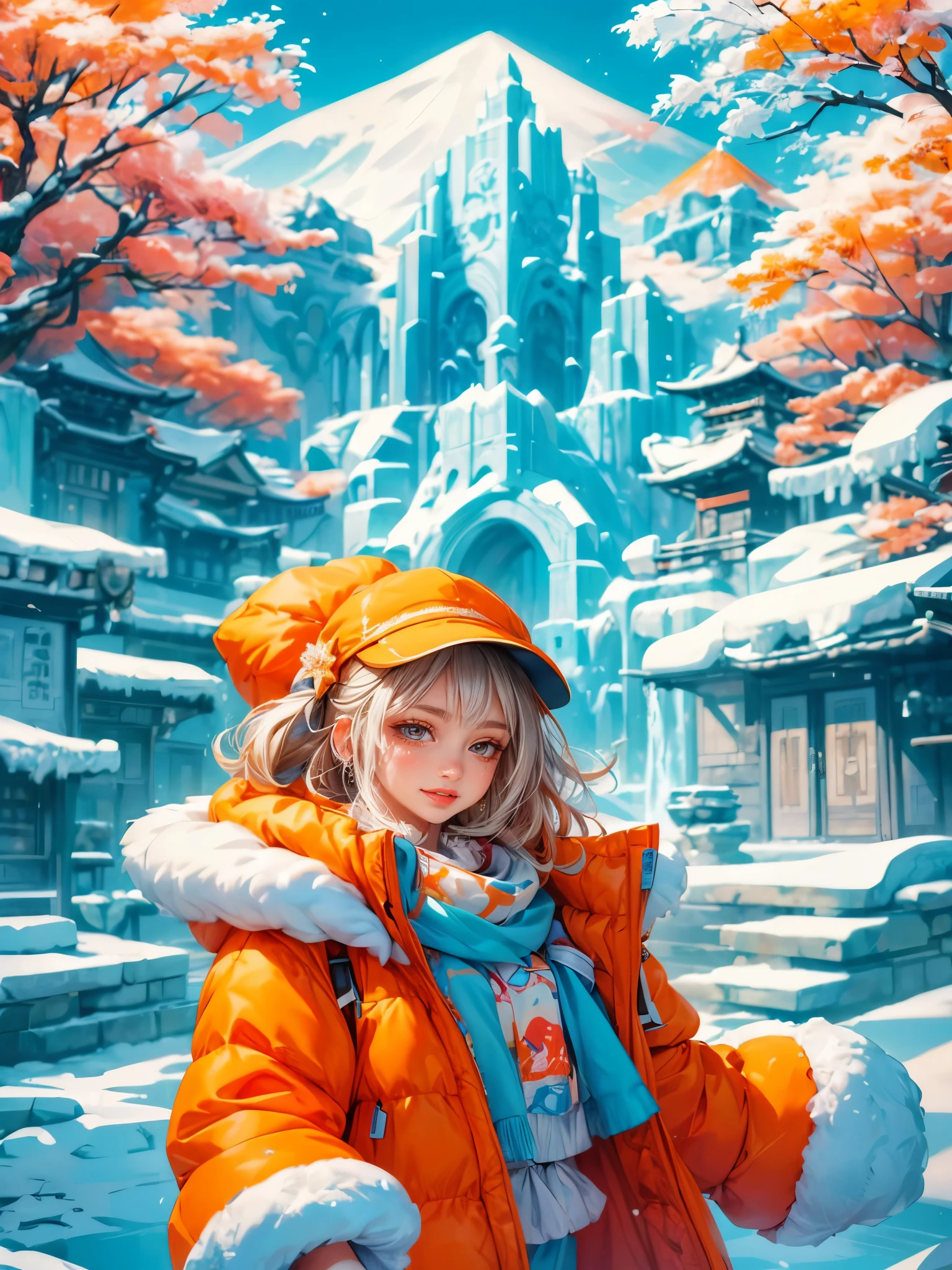 (masterpiece,best quality:1.5),Surreal,32k,original photo,(High detail skin:1.2), 8k ultra high definition, SLR camera, soft light, high quality, film grain,Beautiful lighting ,(panoramic:1.5), An imaginative and detailed illustration of a fantasy female friend, depicted as a cute and beautiful girl. Her face is lit up with a happy smile, and she is fashionably dressed in a bright orange puffer jacket. The setting is a magical ice sculpture world, with an icy, snowy landscape filled with snowflakes. The girl is a blend of wisdom, beauty, and diligence, representing a sweet and ideal character. The image is created with creative flair, showcasing the girl enjoying herself in this enchanting, frosty environment, embodying a sense of joy and wonder, (Ultra high saturation, bright and vivid colors: 1.5), (nsfw), (Facing the viewer: 1.5),color palette, oil paint brush, paint splatter,, Japanese cartoons, (smiley face,Red enamel lips,bright red wet lips,lip gloss,red glowing lips,cosmetic,Makeup Eyes,korean girl,Her face is full of anticipation and courage for adventure,A smile appeared on her lips)