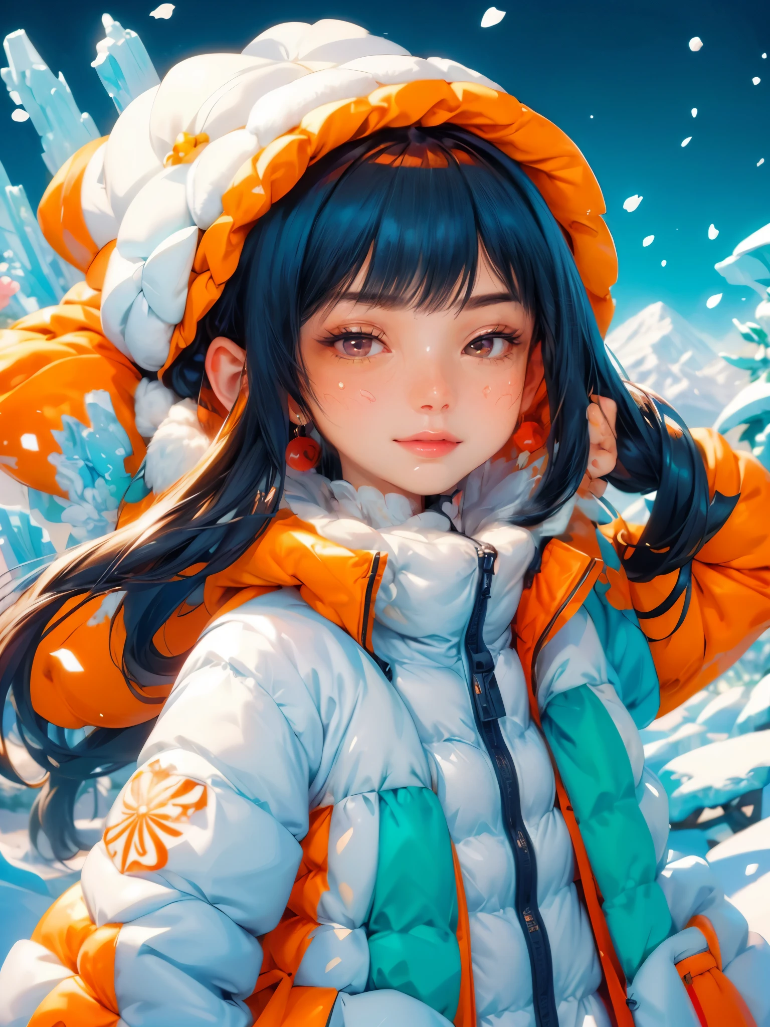 (masterpiece,best quality:1.5),Surreal,32k,original photo,(High detail skin:1.2), 8k ultra high definition, SLR camera, soft light, high quality, film grain,Beautiful lighting ,(panoramic:1.5), An imaginative and detailed illustration of a fantasy female friend, depicted as a cute and beautiful girl. Her face is lit up with a happy smile, and she is fashionably dressed in a bright orange puffer jacket. The setting is a magical ice sculpture world, with an icy, snowy landscape filled with snowflakes. The girl is a blend of wisdom, beauty, and diligence, representing a sweet and ideal character. The image is created with creative flair, showcasing the girl enjoying herself in this enchanting, frosty environment, embodying a sense of joy and wonder, (Ultra high saturation, bright and vivid colors: 1.5), (nsfw), (Facing the viewer: 1.5),color palette, oil paint brush, paint splatter,, Japanese cartoons, (smiley face,Red enamel lips,bright red wet lips,lip gloss,red glowing lips,cosmetic,Makeup Eyes,korean girl,Her face is full of anticipation and courage for adventure,A smile appeared on her lips)