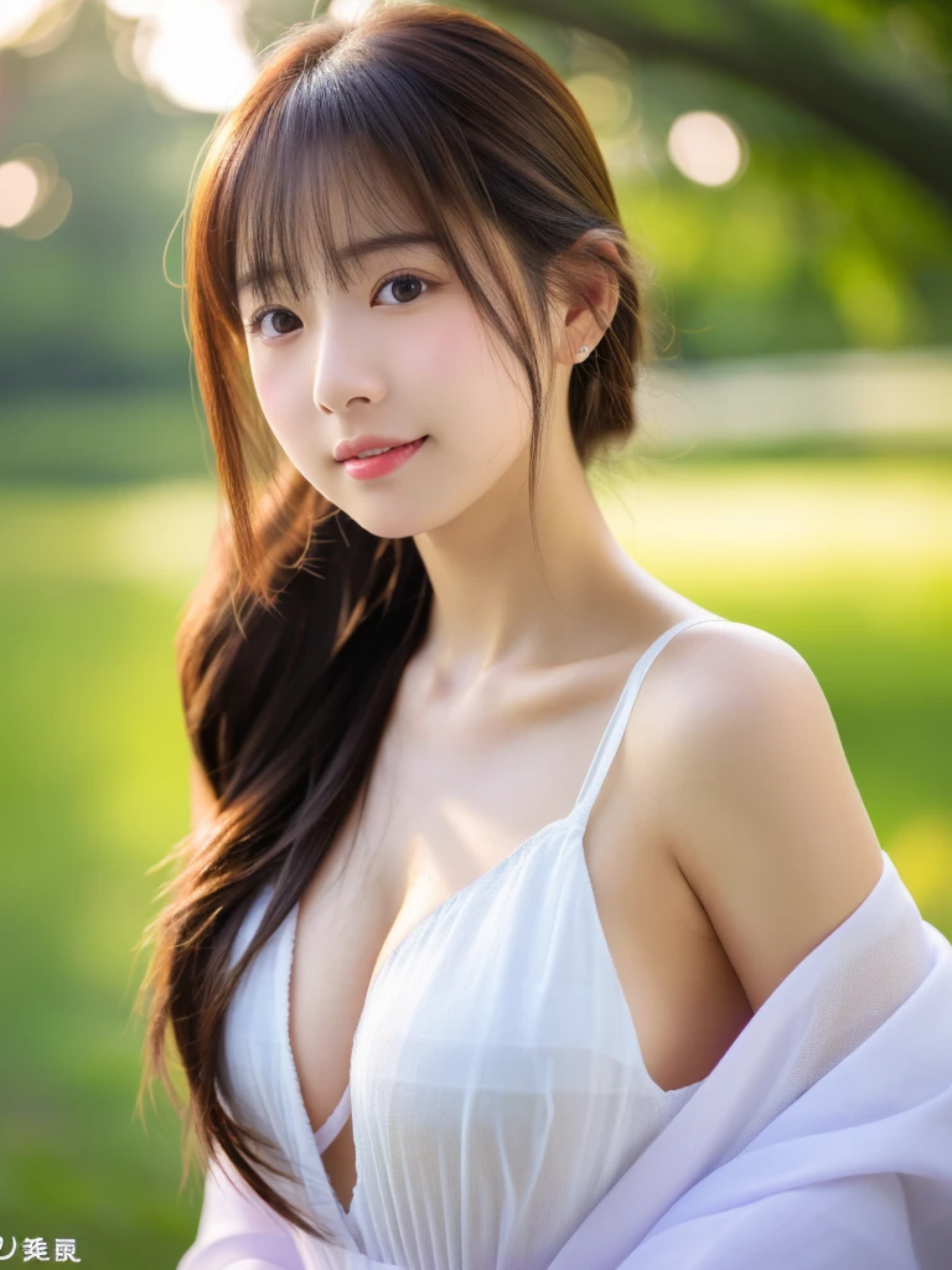 ((cute日本の女の子、beautiful japanese girl、1 girl、clear、19 years old、ponytail、Highly detailed face and skin texture、refinement、super detailed face、highly detailed eyes、Lee Hong、blush、cheek、ピンクのcheekを塗ったcheek、close-up of woman、 from the neck up、 Close to the camera、 positive face、Forward-facing body、look at the camera、front、cute、smooth white skin、Transparent skin texture、))、(dark brown hair、bangs)、beautiful woman with perfect style：1.4、japanese model、young gravure idol、若いcuteグラビアアイドル、Realistic young gravure idol、refinementされたグラビアアイドル、((highest quality、8K、masterpiece:1.3、１photograph))、(4K、RAWphotograph、highest quality)、(realistic、フォトrealistic:1.37)、Place someone on the other side of the screen、Natural light、professional lighting、F cup、big breasts、big breasts、Beautiful and well-shaped breasts、