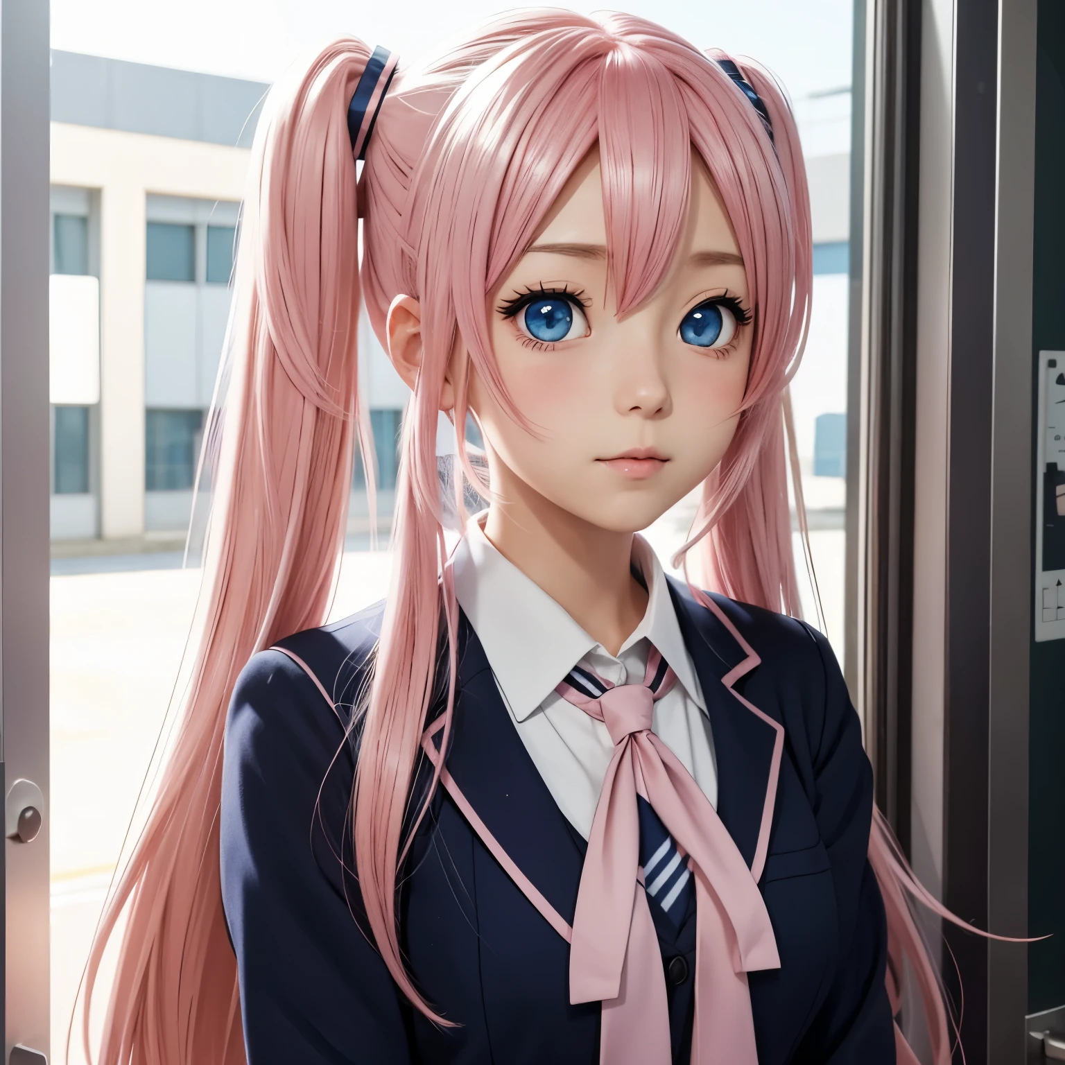 Anime girl, pink hair, twintail, blue eyes, blushing, dandere, school uniform, shy
