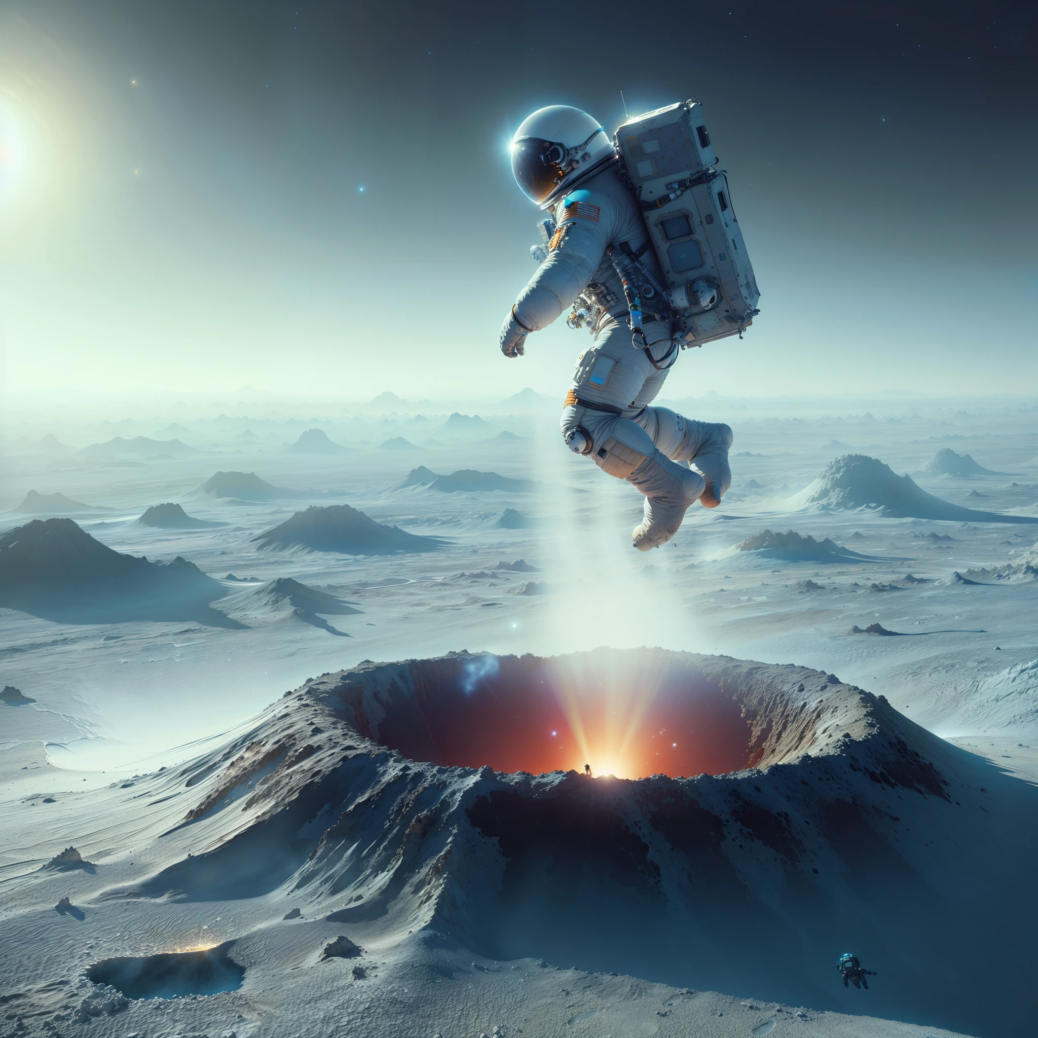 astronaut in space suit jumping over a crater in the middle of a desert, beeple and mike winkelmann, beeple and tim hildebrandt, by Christopher Balaskas, artem demura beeple, inspired by Mike Winkelmann, by jessica rossier, beeple. octane render, beeple and greg rutkowski