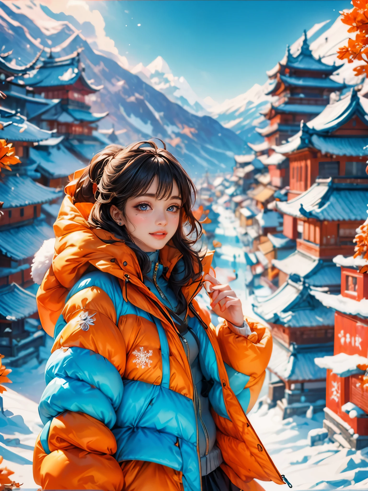 (masterpiece,best quality:1.5),Surreal,32k,original photo,(High detail skin:1.2), 8k ultra high definition, SLR camera, soft light, high quality, film grain,Beautiful lighting ,(panoramic:1.5), An imaginative and detailed illustration of a fantasy female friend, depicted as a cute and beautiful girl. Her face is lit up with a happy smile, and she is fashionably dressed in a bright orange puffer jacket. The setting is a magical ice sculpture world, with an icy, snowy landscape filled with snowflakes. The girl is a blend of wisdom, beauty, and diligence, representing a sweet and ideal character. The image is created with creative flair, showcasing the girl enjoying herself in this enchanting, frosty environment, embodying a sense of joy and wonder, (Ultra high saturation, bright and vivid colors: 1.5), (nsfw), (Facing the viewer: 1.5),color palette, oil paint brush, paint splatter,, Japanese cartoons, (smiley face,Red enamel lips,bright red wet lips,lip gloss,red glowing lips,cosmetic,Makeup Eyes,korean girl,Her face is full of anticipation and courage for adventure,A smile appeared on her lips)