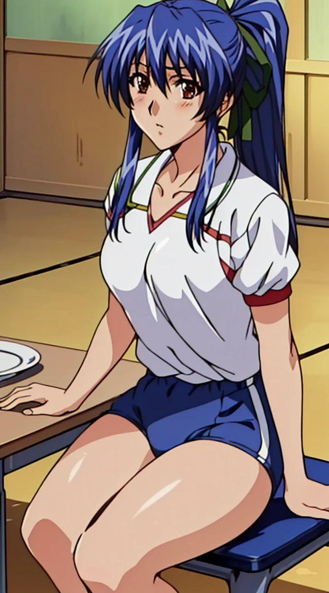 ((table top, highest quality, High resolution, nffsw, perfect pixel, 4K, nffsw, nffsw))), 1 girl, single, alone, Beautiful woman、I could see the whole body、 ((ponytail, bangs, blue hair)), ((brown eyes, beautiful eyelashes, realistic eyes)), ((detailed face, blush:1.2)), ((smooth texture:0.75, realistic texture:0.65, realistic:1.1, Anime CG style)), medium breasts, ((full body shot))、 slender body, ((Gym Uniforms、navy blue bloomers、volleyball clothes))、gym、((physical education sitting、M-shaped legs、sexy pose))