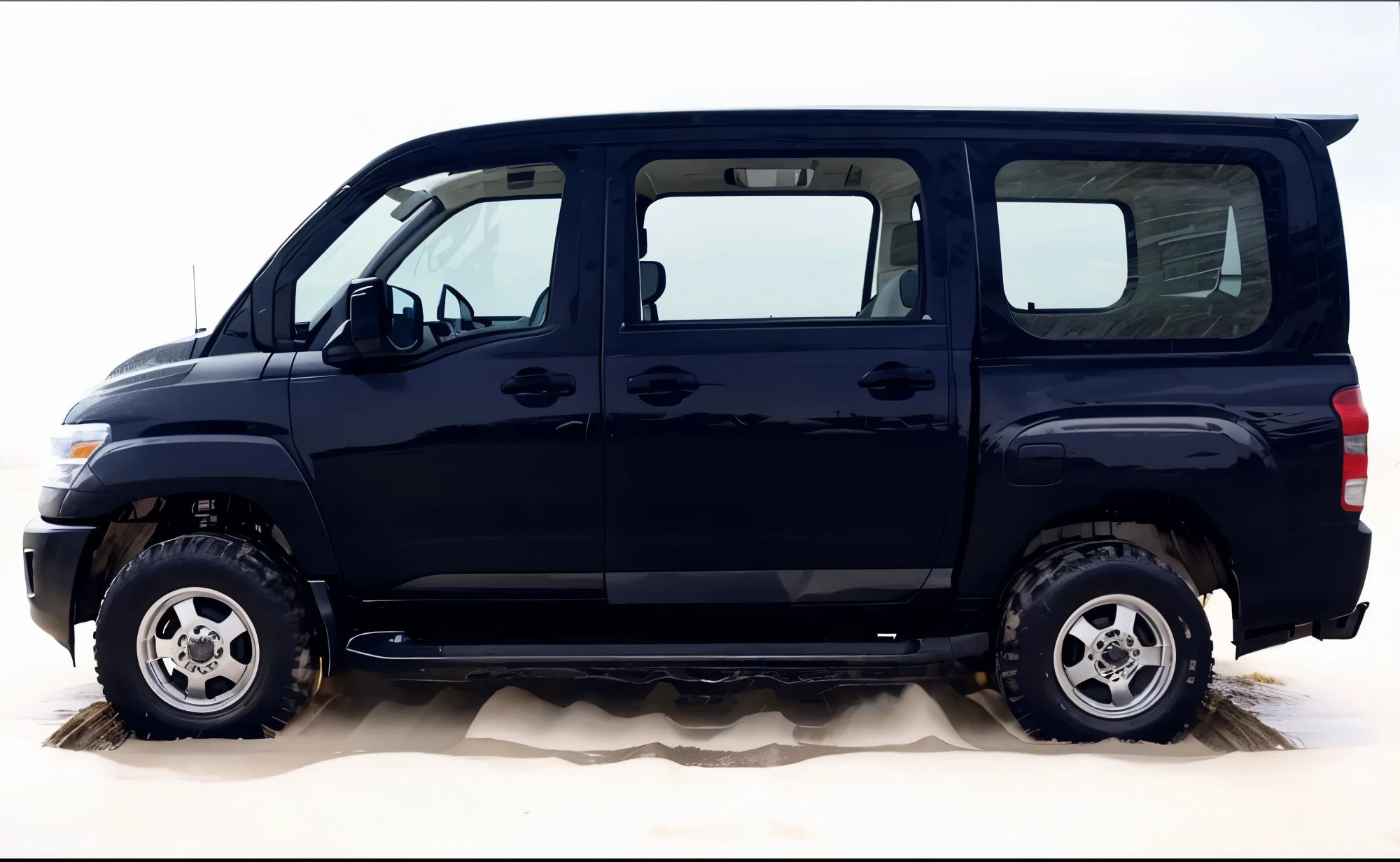 A black Mitsubishi truck carrying hay drives through a muddy field.