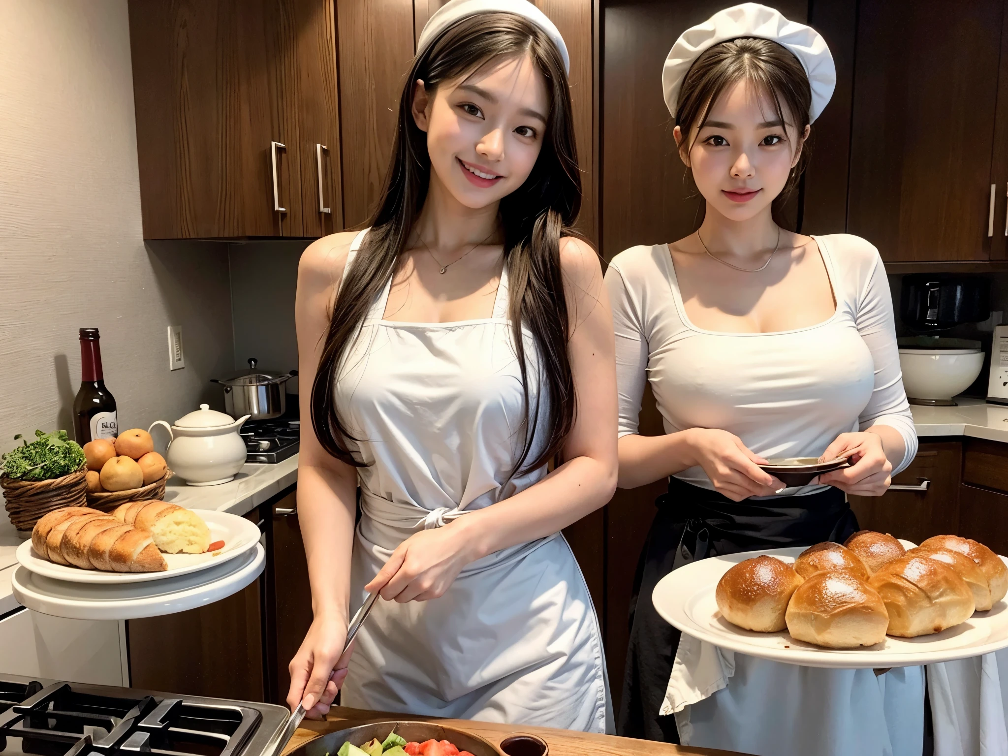 "best quality, Filipino girl with two heads chef uniform, cooking, half-body shot, kitchen background."