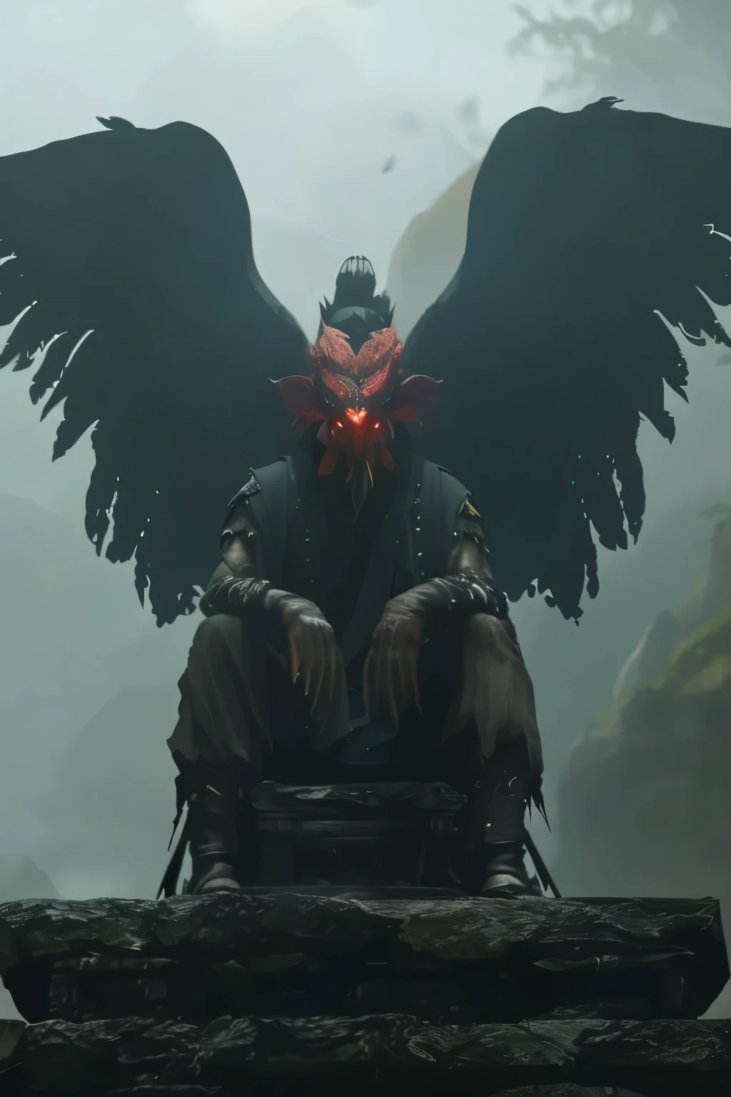 (highest quality),tengu,Big red nose,The devil of Arafed sits on a rock with his wings spread., big body,He holds a large eight-handed leaf in his hand.,sharp eyes,devil sitting stylishly, devil&#39;s wings, winged head, Diablo 4 Lilith, Willem Dafoe from The Plague Night, From The Witcher (2021), black wings instead of arms, harpy, Asmodeus, From Vermintide 2 video game, still from a fantasy movie,Clothes are tattered,The background is foggy。The background is a blurred mountain