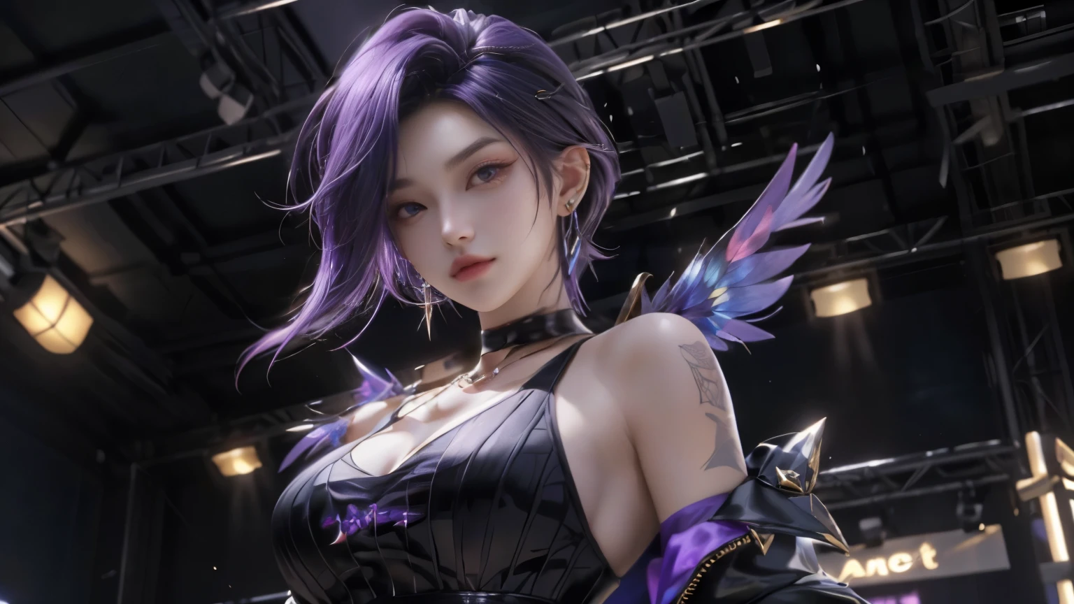 (best quality,4k,8k,highres,masterpiece:1.2),ultra-detailed,(realistic,photorealistic,photo-realistic:1.37),1girl,kda,solo,short hair,black dress,purple hair,looking at viewer,earrings,upper body,on stage,portraits,vivid colors,stage lights,garter belt,long socks,jacket shoulder,young,busty chest