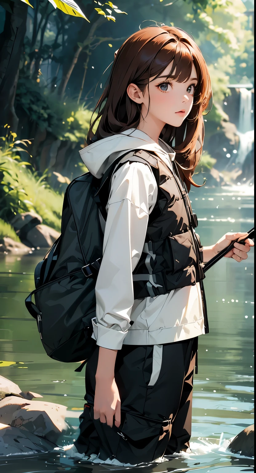 masterpiece、High resolution 8K、sharp focus、contrast lighting、ultra high resolution、ultra high resolution、Detailed CG、that&#39;that&#39;that&#39;It&#39;s snowing、Low - Angle、full body shot、Beautiful woman、beautiful eyes、(detailed face and iace:1 2)、narrow eyes、almond eye、brown eyes、gradation eye、highlight:1.2)、(beautiful reddish brown hair、asymmetrical bangs、long hair、dancing hair、(small chest size) 、(oval face : 1.4)、(thin fingered arms、detailed human hand)、Woman fishing in the river、Beautiful and wide river、Flowing waterfall、rock surface、moss、forest、Mont、blue sky、Flowing clouds、vapor、mist、full body pose、Holding a fishing rod in your hand、Fishing lure rod、Outdoor Vest、hoodie、Waders、Long pants for fishing、Big backpack)、A woman fishing with a fishing rod in her hand pointing toward the water surface、Shining butterflies dance on the water surface