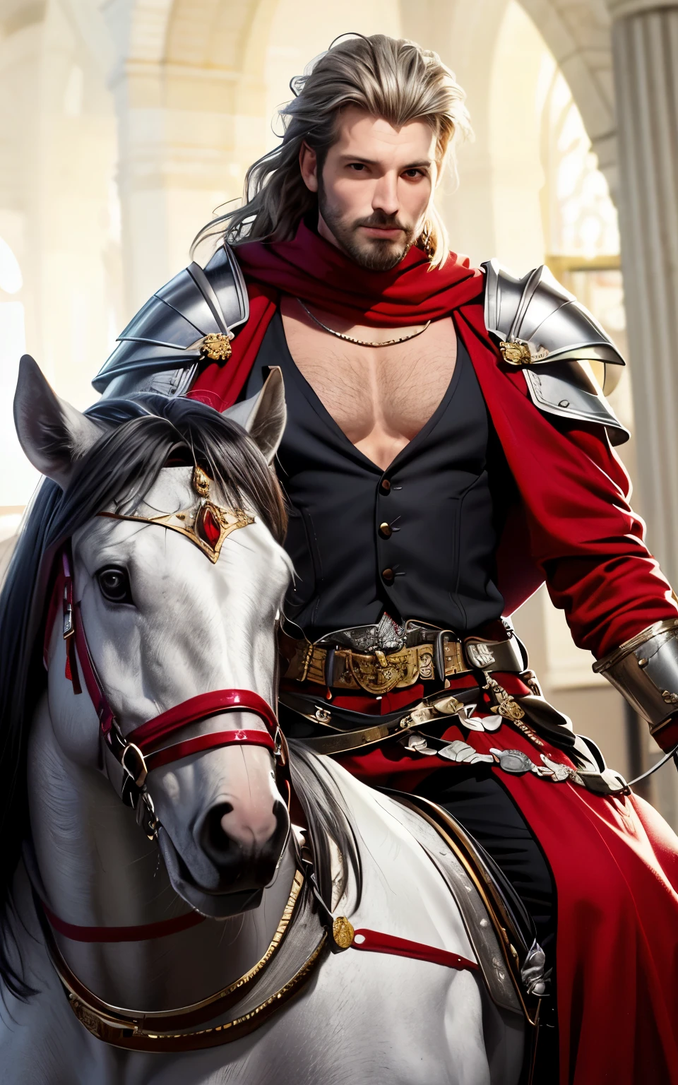 tmasterpiece，best qualtiy，The is very detailed，Original design，Unique accessories，medieval fantasy，professionally retouched，closeup cleavage，（male people：1.9），（Portrait of a noble male knight），Dignified，At noon，Sword and shield，Heavy armor，（sbeard：1.3），mounted on a horse，ssmile，red capelet，cheveux gris courts，musculous，