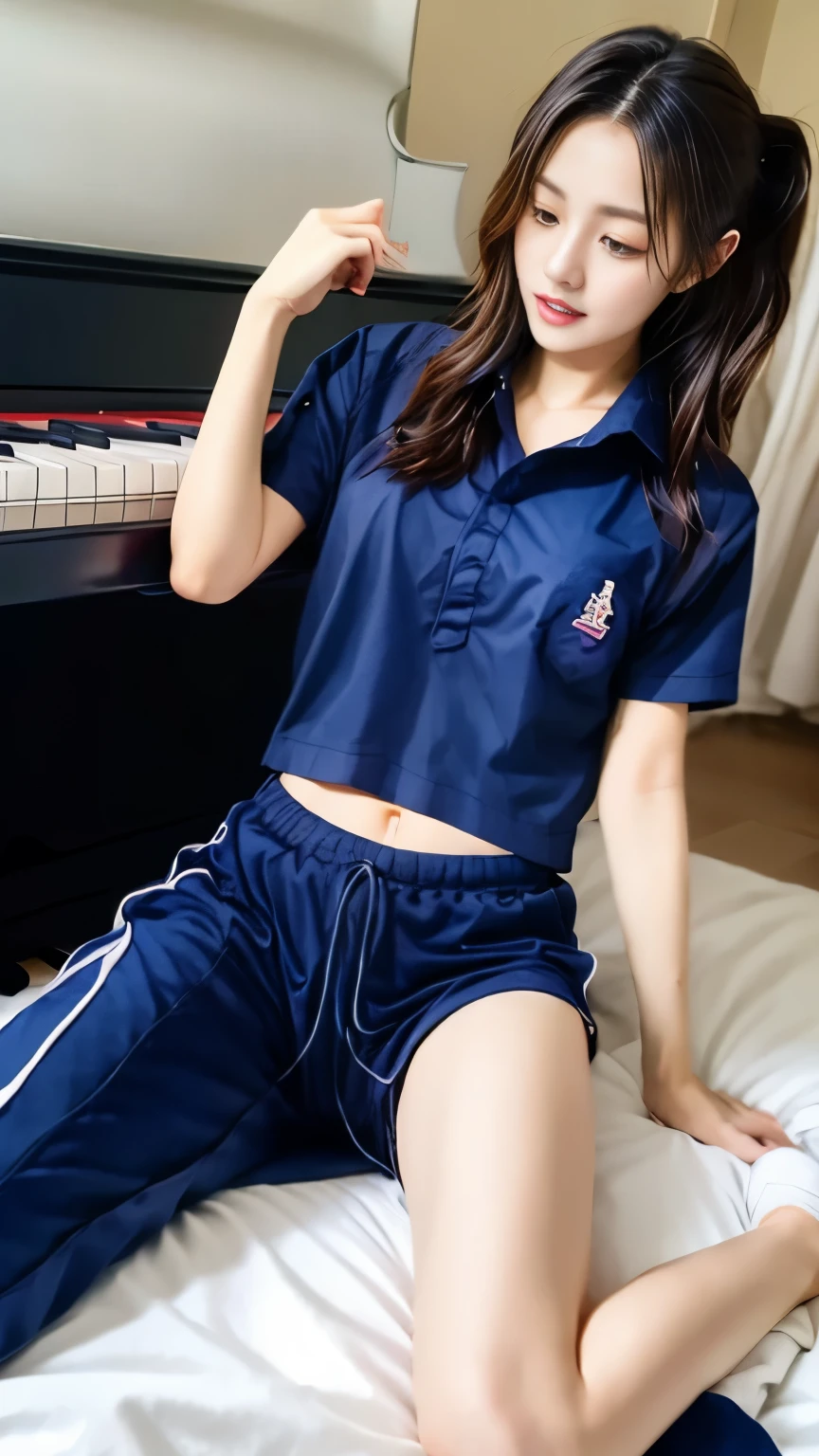 2 girls in the piano room, Navy blue short-sleeved shirt,Navy Long Trackpant,Sweatpants, Sweatpantsขายาว,25 year old girl,Grab your breasts,Picking up shirt,Slim figure,sexy,provoking