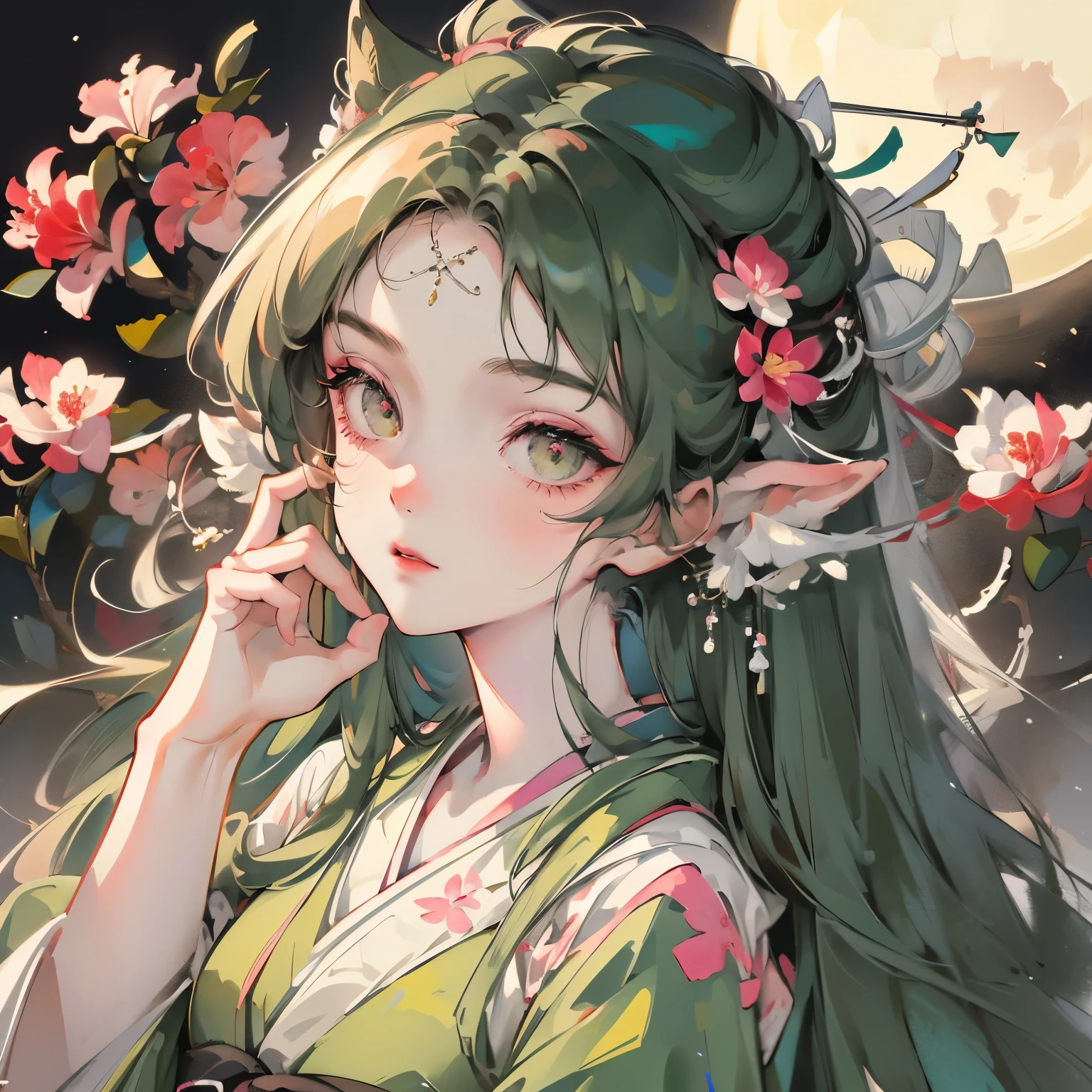 The best images, (8k, original photo, actual), portrait, Detailed and delicate depictions and gorgeous and dynamic painting techniques, Dark Green Himikiri, twice as good, blunt bangs, A funny and cute deformed girl with yellow cat eyes and ears, half closed eyes / Get up on the wrong side of the bed, flat chest, thin and long, close up hand pose, Japanese kimono, White and pink rhododendrons, Big moon in background, iridescent gold particles