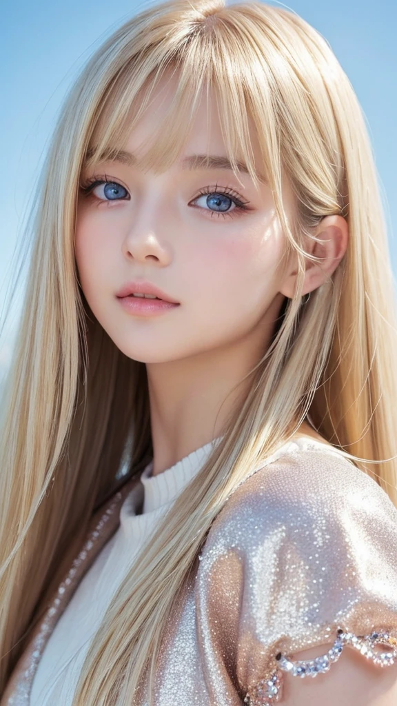 1 girl, The Cutest Beautiful Girl、bright look、very disheveled hair, Bright straight blonde hair shining golden dazzling、Very beautiful super long shiny hair、Very beautiful cute face、Glitter beautiful skin、solo、super high quality、hard focus、film grain、ultra high resolution、masterpiece、Nice detailed crystal clear pale light blue eyes that shine、round face、small face beauty、Young shiny cheeks、very beautiful disheveled long bangs