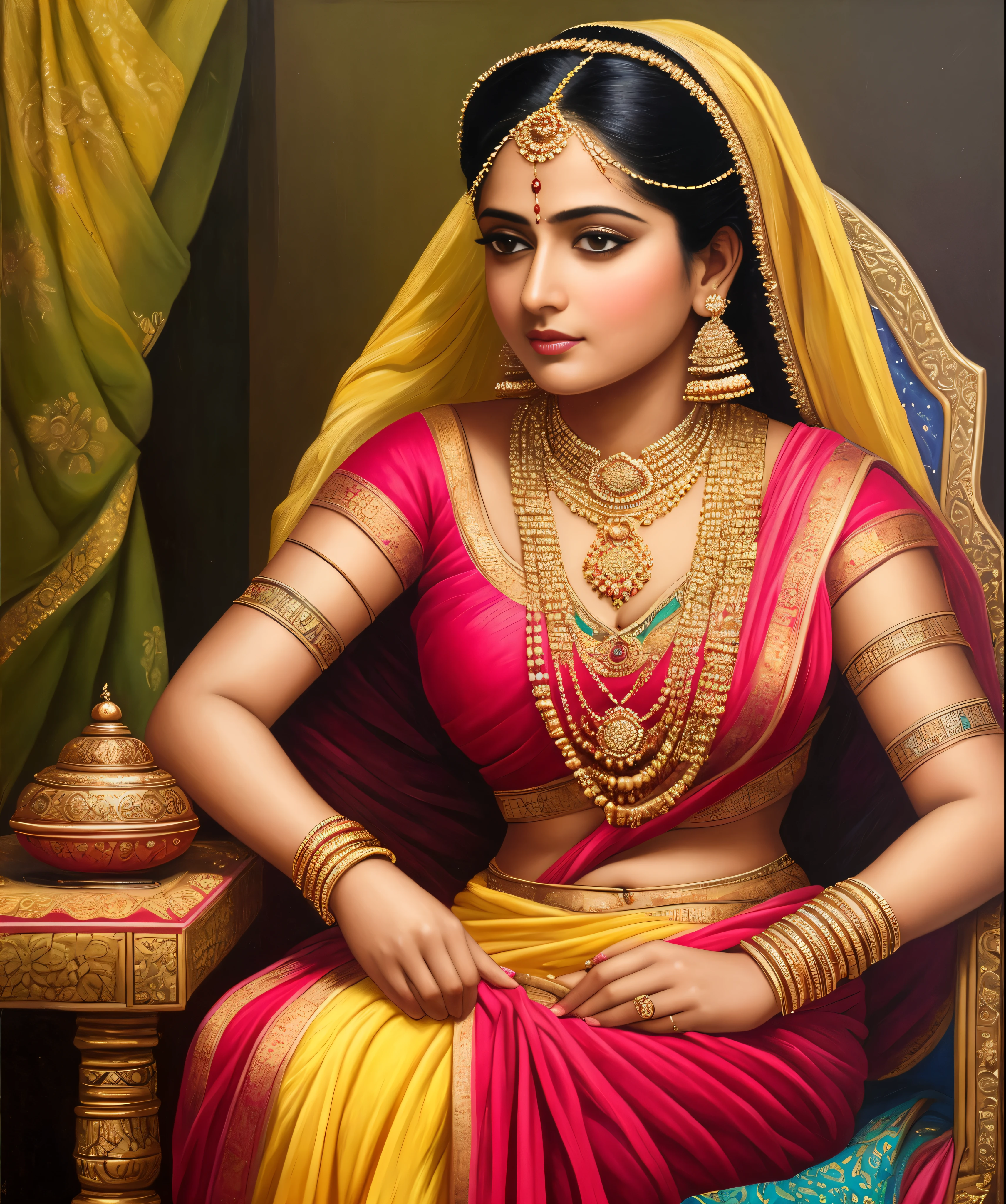 Masterpiece,8k uhd, hdr, realistic, hyper realistic, intricate, vibrant colour, painting of a woman in a yellow sari sitting on a chair, traditional beauty, inspired by Raja Ravi Varma, indian art, by Raja Ravi Varma, painting of beautiful, inspired by T. K. Padmini, painting of a woman, by Sardar Sobha Singh, gorgeous woman, oil on canvas painting, traditional painting, oil-painting