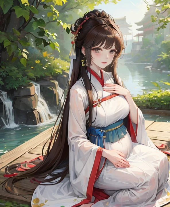 masterpiece, best quality,Five months pregnant, aldult, Chinese style, China, elder sister, Smile, brown hair, princess cut, Full of motherhood,Hanfu,Pure affection,blush,Dignified yet lively,Mother,Place your hands on your stomach,Full of motherhood,Sexy,charming,Graceful and graceful,A thousand flavors,charming,With a royal air,long hair,With hairpins,长Hanfu,beautiful,beautiful,The hand caressed the belly,charming的,Cute eyes