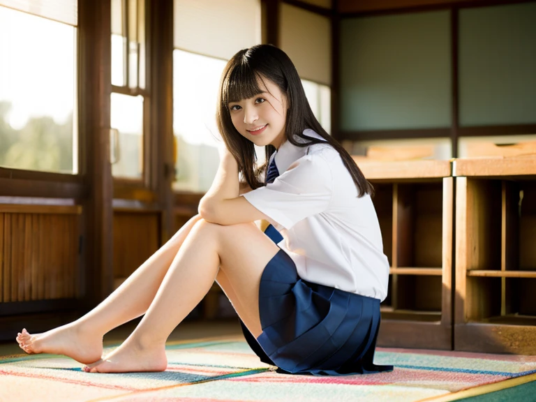 masterpiece, highest quality, 8K, RAW photo, 
1 beautiful Japanese girl, , cute face, (haircut of uniform length:1.2), (one length), Beautiful shiny black hair, straight hair, Clear white skin, pale skin, composed expression, Japanese High School Uniforms, (long pleated skirt), school classroom, ((full body to the toes)), She is barefoot, ((shobeautiful legs, 
The room is dimly lit, evening, dusk, magic hour, 