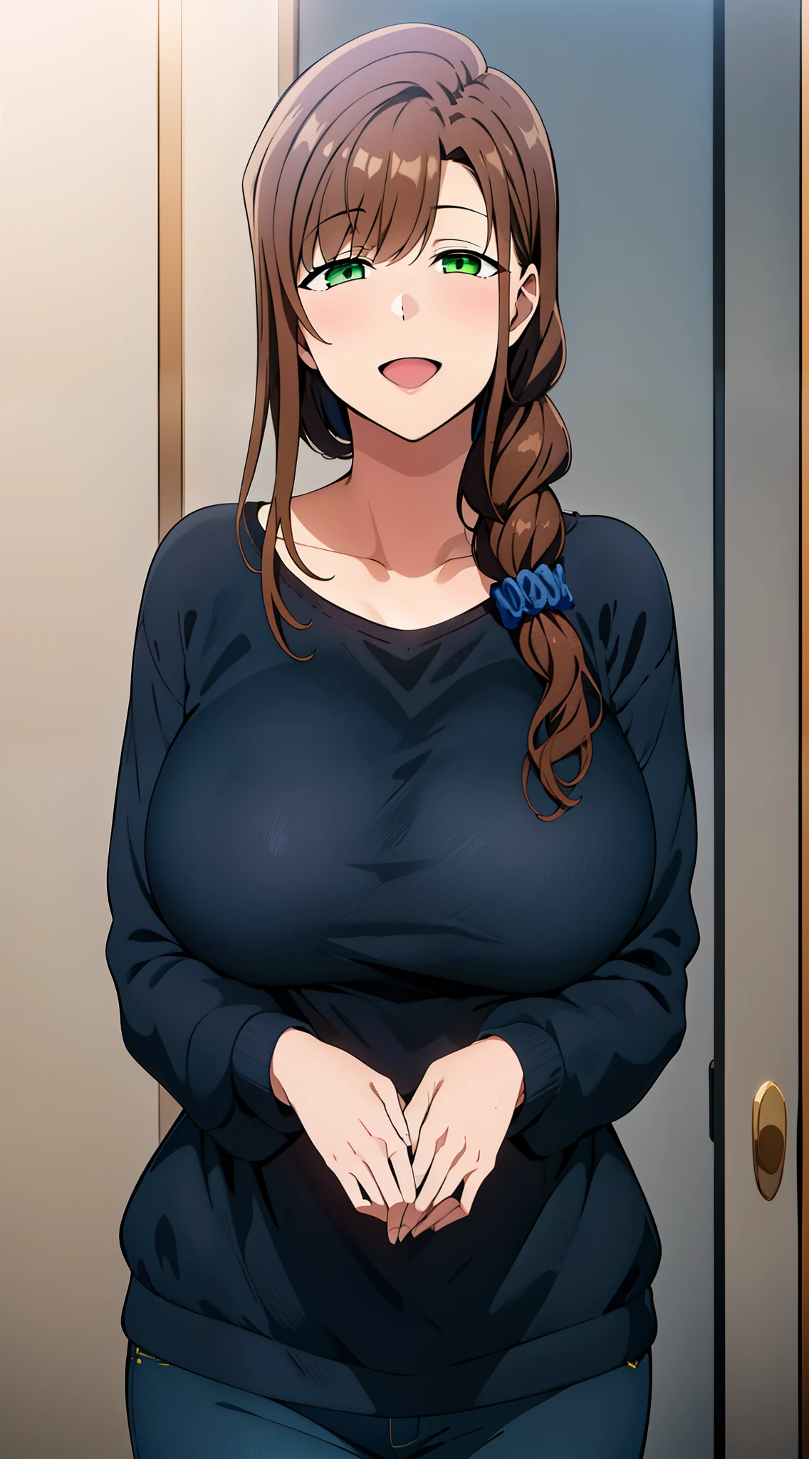 master piece,  wide hips,1girl, hands together, long hair, looking at viewer, smile, HALF CLOSED EYES, open mouth, large breasts, brown hair, black shirt, long sleeve, loose shirt, hair ornament, green eyes, collarbone, braid, blue pants,((black SWEATER)), single braid, scrunchie, hair over shoulder, hair scrunchie, mature female,