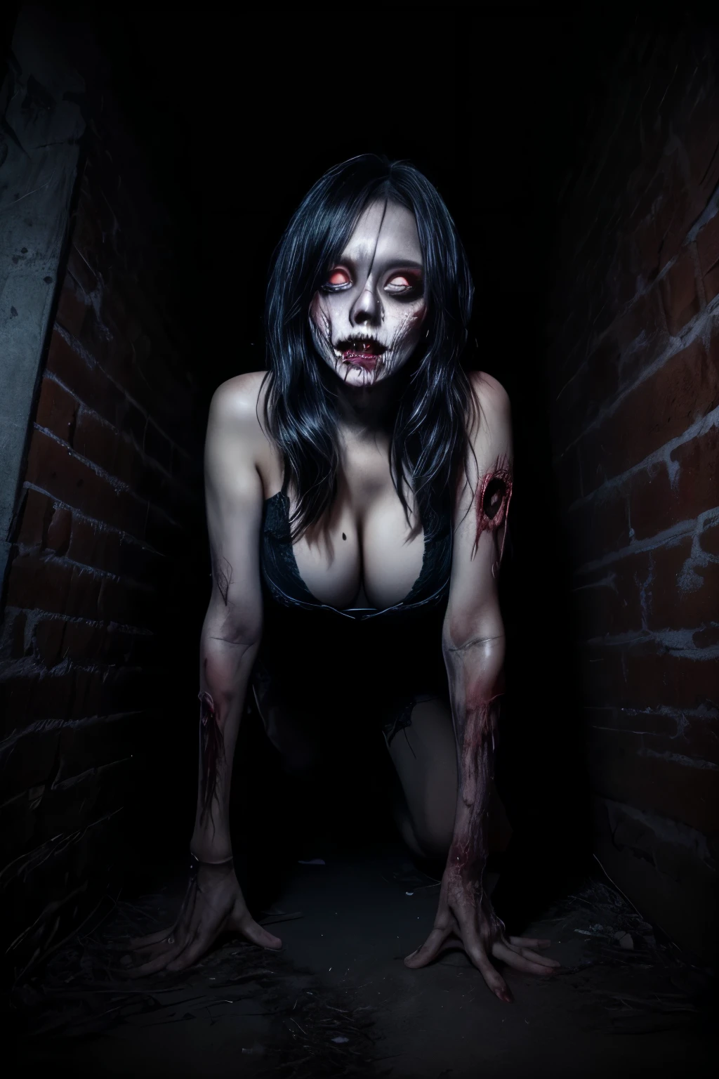 Sexy female zombie, Our Dark and Creepy Cellar, The body was full of wounds, a view from ground up.