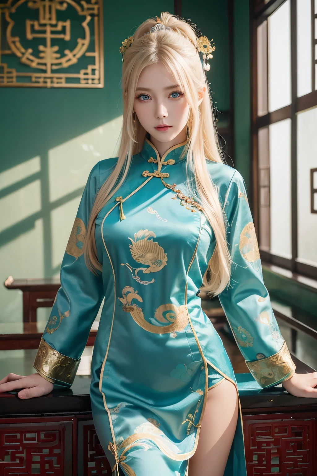 photorealistic, high resolution, soft light, 1women (charming Russian model Nata Lee), light blonde hair, solo, hips up, (blue eyes), shining skin, (detailed face), (jade-green color Chinese female national costume (Chinese dragon pattern fabric)), A very sexy Chinese cheongsam, The background is a Chinese style room.