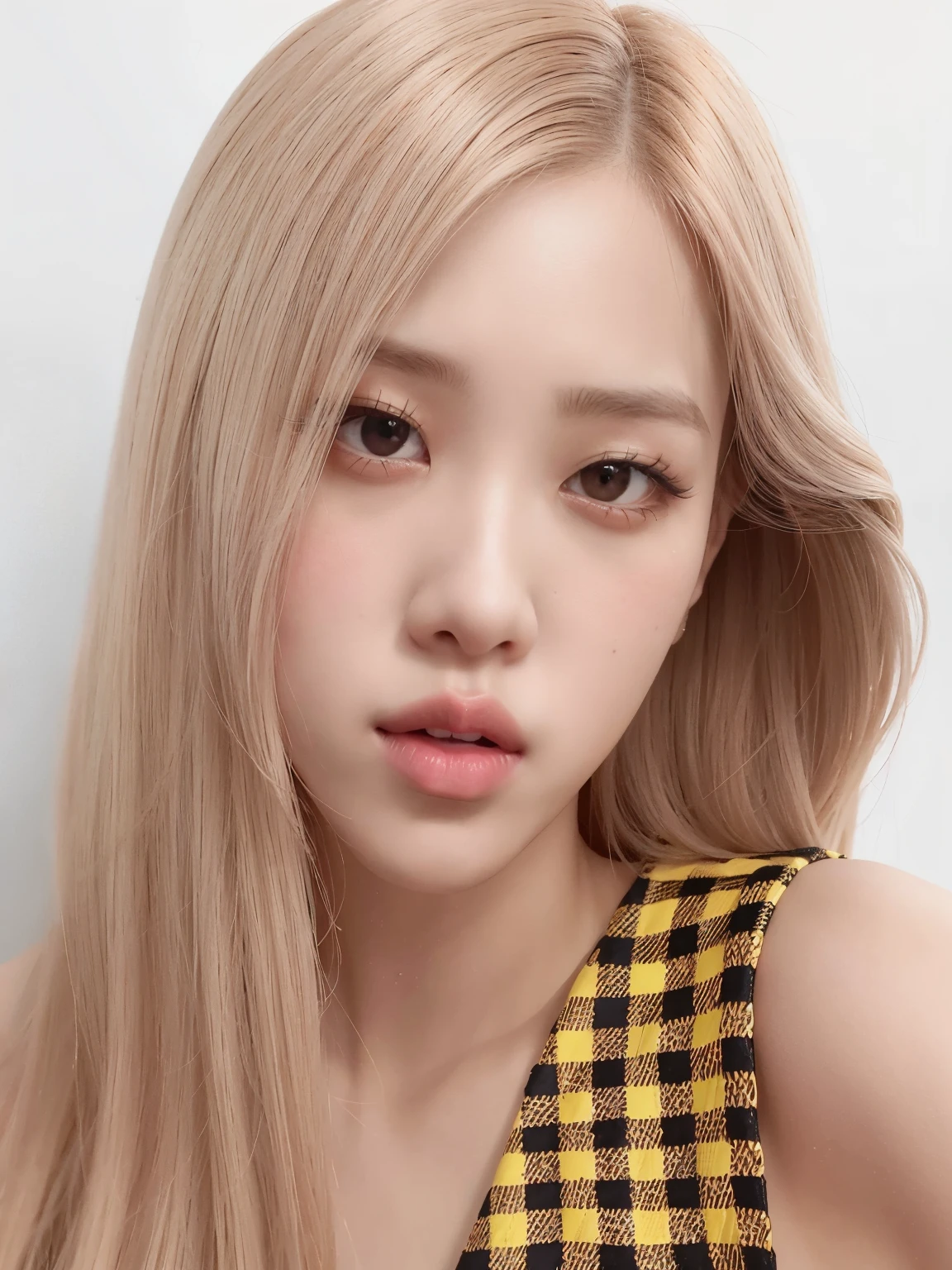 um close up de uma mulher com longos cabelos loiros usando um vestido amarelo e preto, roseanne park of rosa negra, portrait of jossi of rosa negra, portrait jisoo rosa negra, jossi of rosa negra, jisoo of rosa negra, jisoo from rosa negra, rosa negra, rosa negra jennie, lalisa manoban of rosa negra, maquiagem sul-coreana popular, Portrait of female Korean idol, maquiagem coreana popular