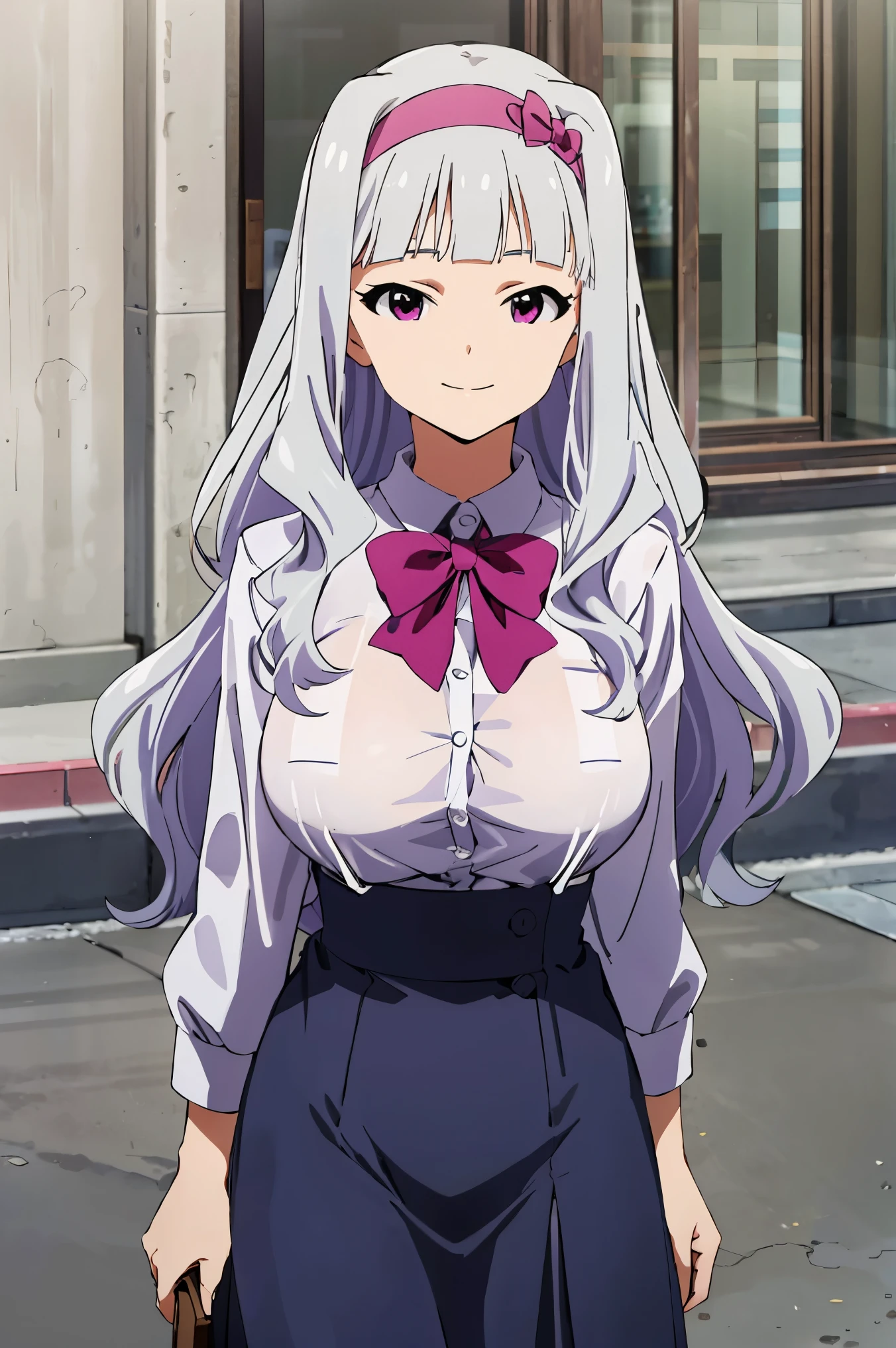 (((pixel-perfect, detail-perfect))), solo, 1girl, takane shijou, purple hairband, big boobs, shirt, bow, looking at viewer, smile, standing