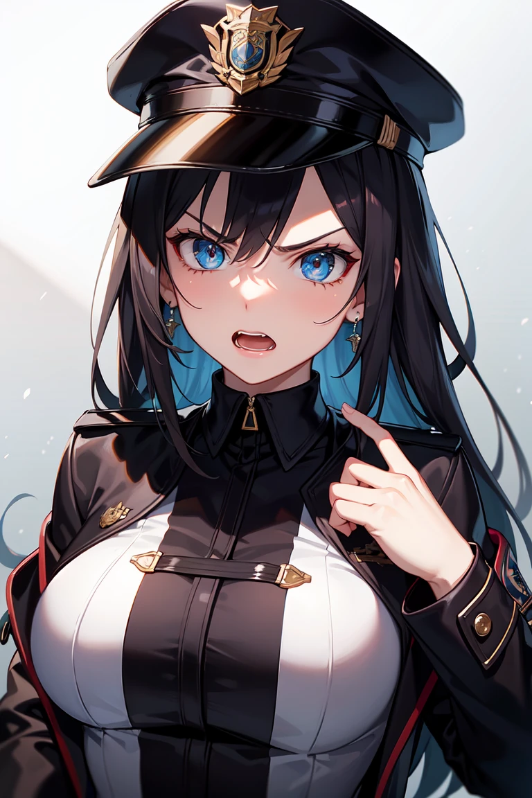 masterpiece, best quality, ultra-detailed, high resolution, absurdres, 1girl, police uniform, angry