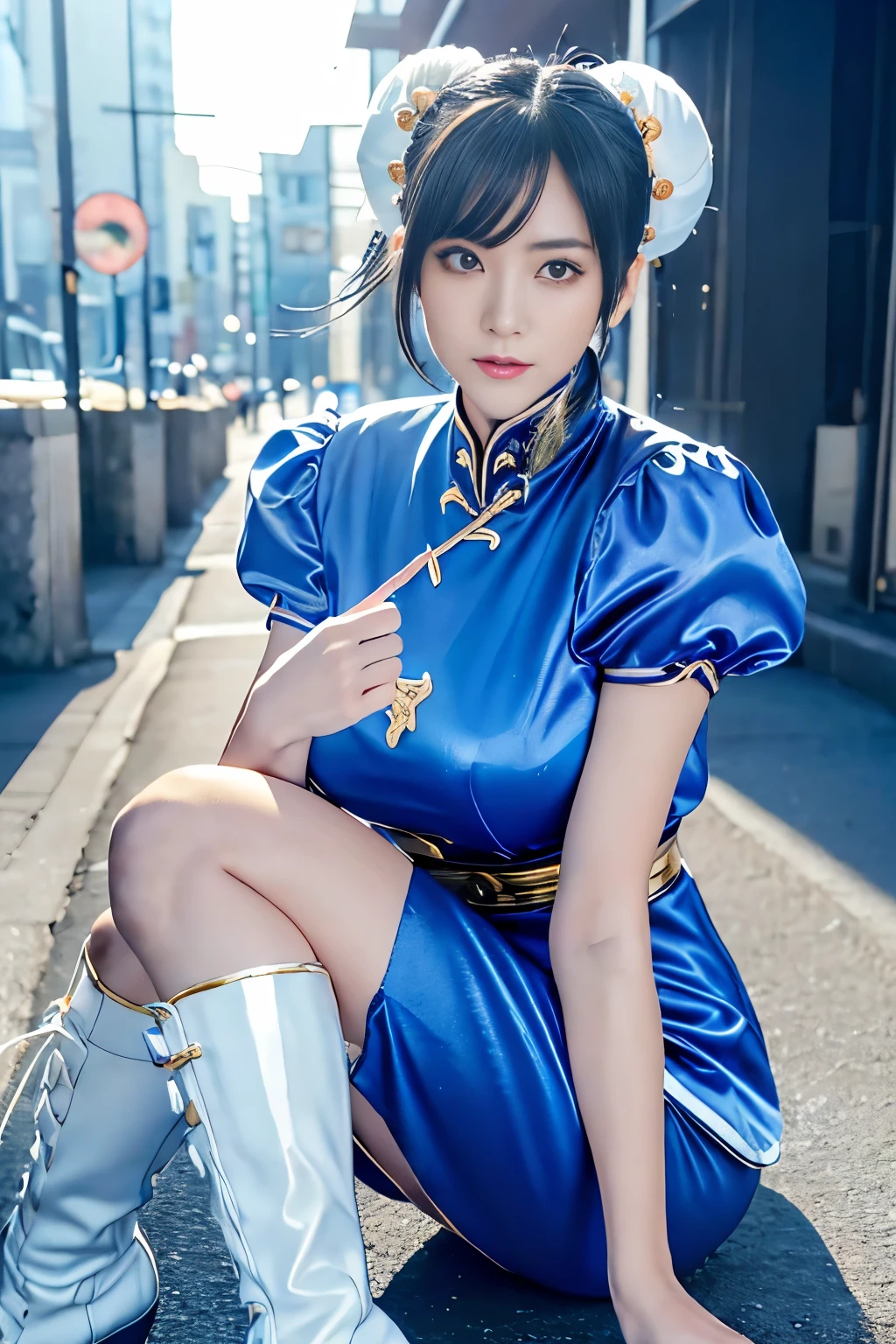 Live-action version of Chun-Li from Street Fighter，RAW photo,,(Blue china clothes、Ｃcup breast)、(Looks like a super realistic photo)、portrait、perfect angle、(professional quality、High resolution)、perfect contrast、perfect lighting、perfect composition、perfect skin、perfect hands、perfect fingers、perfect breasts、perfect fast perfect、A masterpiece that reproduces realistic facial features and hairstyles、White Hair Clip、ribbon)、(supermodel with long legs)、 ((Sexy blue and gold cheongsam、puff sleeves、White band、blue front droop、Sticky Wristband、thigh slit))、((blue front droop))、(cute日本の***、Face the front and look at the camera、Dark brown hair with wet and shiny)、restaurant、on the road、Light in Eye Ace Perfect、perfect body、perfect fingers、perfect arms、perfect hands、face becomes smaller、double eyelid、Big eyes、money is better than beauty、visible all over、Supermodel with very long legs、teenage、cute、spotless、lip gloss、hair fluttering in the strong wind、Stand facing the front、((Slender and stretched thin pantyhose、shiny pantyhose、white long boots))、movie lighting、light shines on your face