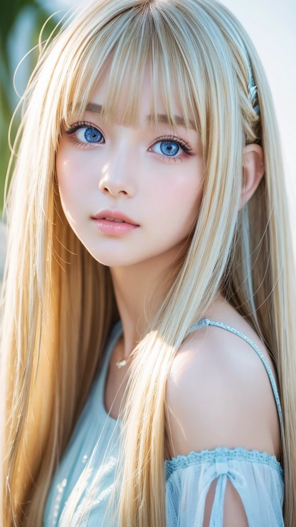 1 girl, The Cutest Beautiful Girl、bright look、very disheveled hair, Bright straight blonde hair shining golden dazzling、Very beautiful super long shiny hair、Very beautiful cute face、Glitter beautiful skin、solo、super high quality、hard focus、film grain、ultra high resolution、masterpiece、Nice detailed crystal clear pale light blue eyes that shine、round face、small face beauty、Young shiny cheeks、very beautiful disheveled long bangs
