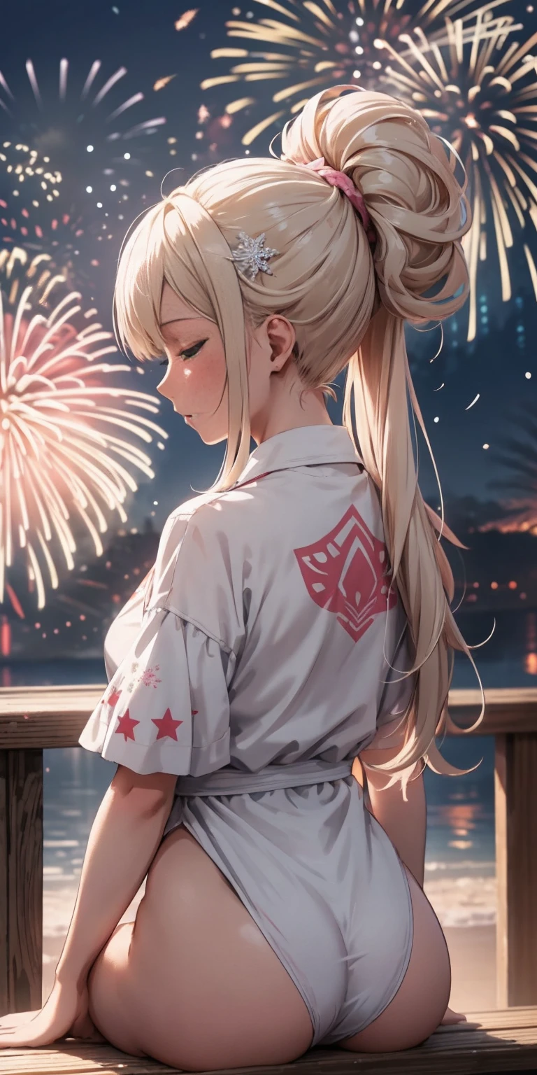 The girl who looks like marshmallow(((masterpiece))), (1girl:1.5), hyper detailed, highres, ((best quality)), (extremely delicate and beautiful), {8k cg wallpaper}, illustration, (blush), (braided ponytail | ponytail | hairbun), (extremely detailed background:1.6), (very long black hair|blonde hair), detailed face, night, festival, outdoors, lantern, (fireworks:1.4), paper lantern, snow, wind, snowflakes, hair ornament, closed eyes, (from behind:1.3), sitting, river, riverbank, starry sky, (holding hands:0.6), leaning on person, showing pink thong, nice ass