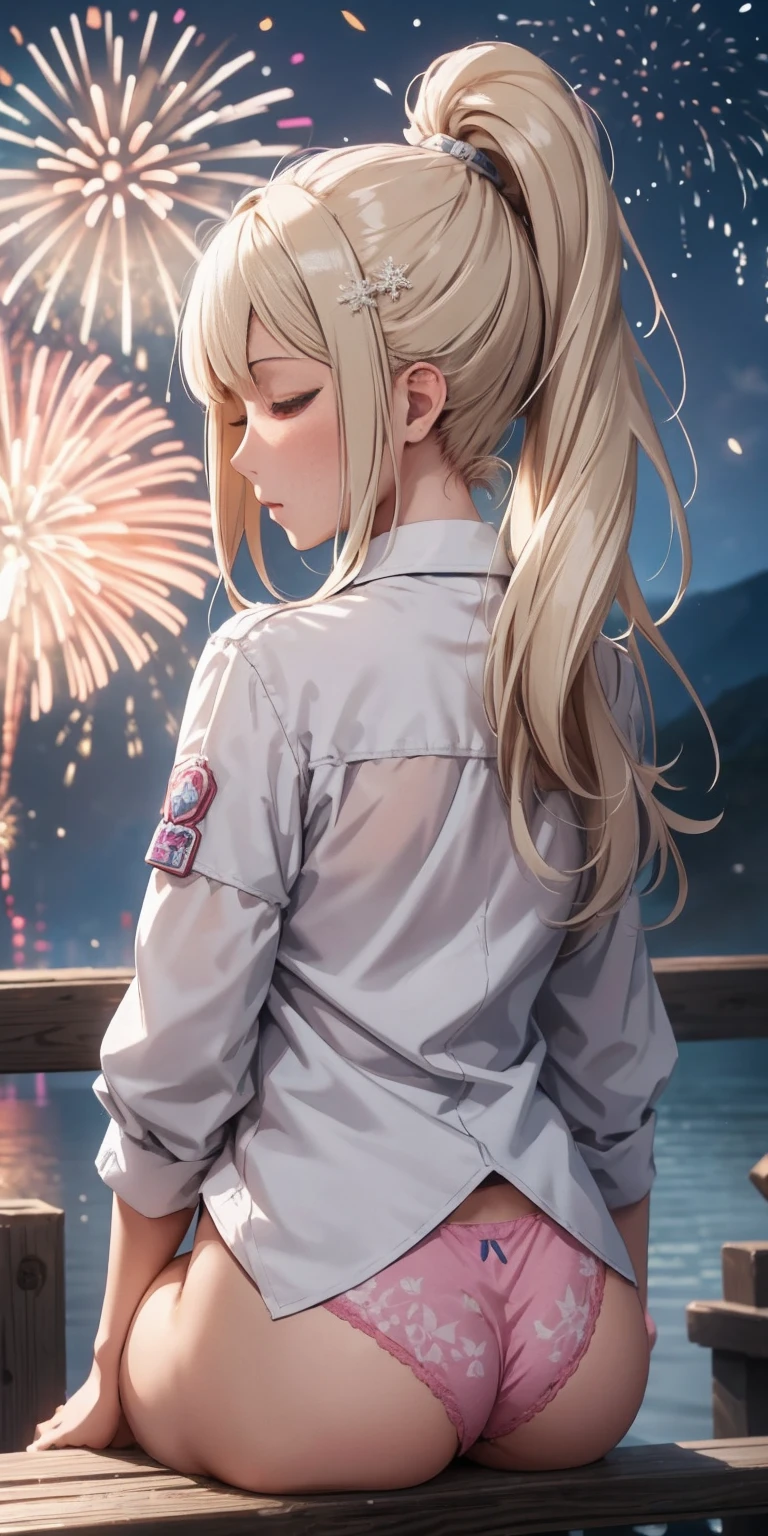 The girl who looks like marshmallow(((masterpiece))), (1girl:1.5), hyper detailed, highres, ((best quality)), (extremely delicate and beautiful), {8k cg wallpaper}, illustration, (blush), (braided ponytail | ponytail | hairbun), (extremely detailed background:1.6), (very long black hair|blonde hair), detailed face, night, festival, outdoors, lantern, (fireworks:1.4), paper lantern, snow, wind, snowflakes, hair ornament, closed eyes, (from behind:1.3), sitting, river, riverbank, starry sky, (holding hands:0.6), leaning on person, showing pink thong, nice ass

