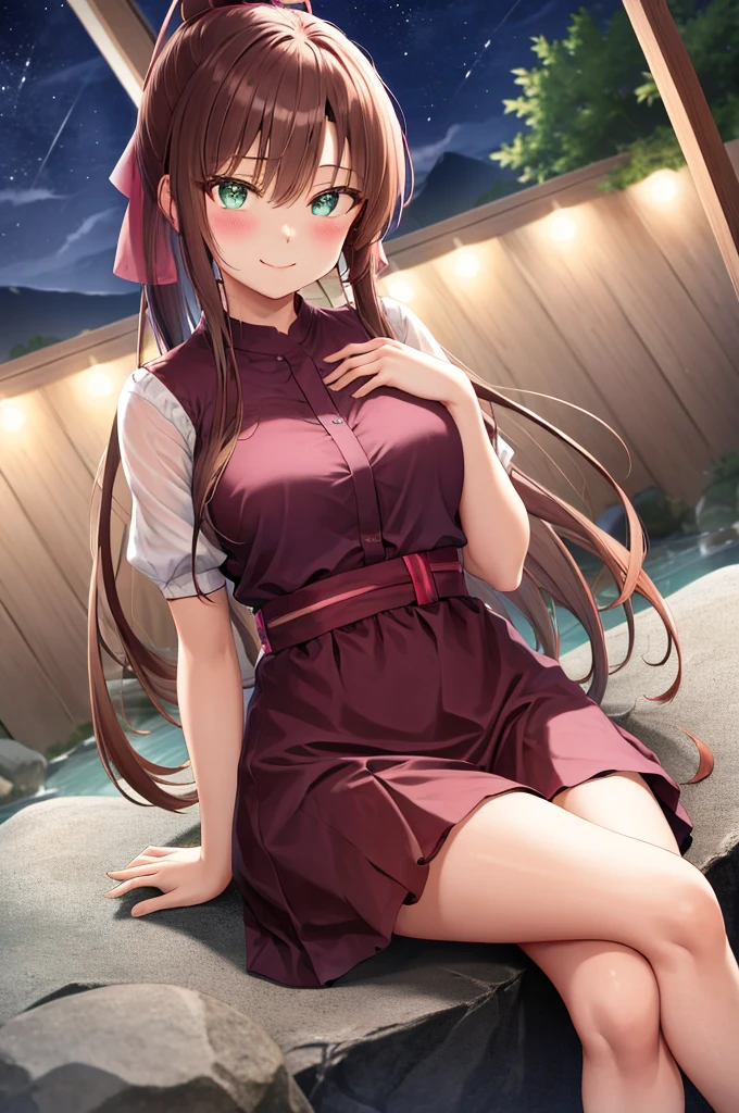 masterpiece, best quality, highres, 1girl kirasaka sayaka high ponytail hair ribbon,BREAK medium breasts, crossed legs, sitting, looking at the viewer, onsen, stone, night, blush, smile, sitting BREAK medium breasts, crossed legs, sitting, looking at the viewer, onsen, stone, night, blush, smile