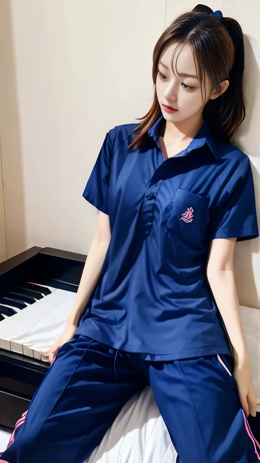 2 girls in the piano room, Navy blue short-sleeved shirt,Navy Long Trackpant,Sweatpants, Sweatpantsขายาว, lying in bed., หญิงรักhave sex, coax, Sexual arousal, Realistic poses, exercise clothes, exercise clothes, have sex