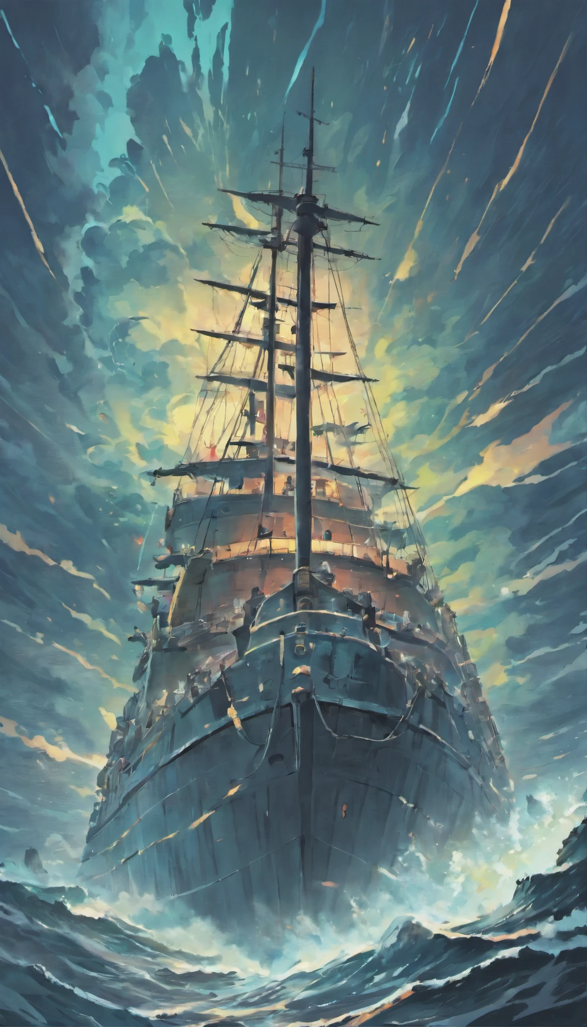 A dramatic naval battle scene amidst a heavy storm, lightning illuminating the chaos, enemy warships engaged in fierce combat, one vessel sinking with men overboard, waves crashing against them, capturing the intensity of a nautical showdown, Artwork, mixed media combining digital and traditional elements for enhanced realism,