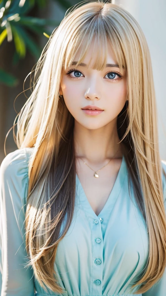 1 girl, The Cutest Beautiful Girl、bright look、very disheveled hair, Bright straight blonde hair shining golden dazzling、Very beautiful super long shiny hair、Very beautiful cute face、Glitter beautiful skin、solo、super high quality、hard focus、film grain、ultra high resolution、masterpiece、Nice detailed crystal clear pale light blue eyes that shine、round face、small face beauty、Young shiny cheeks、very beautiful disheveled long bangs