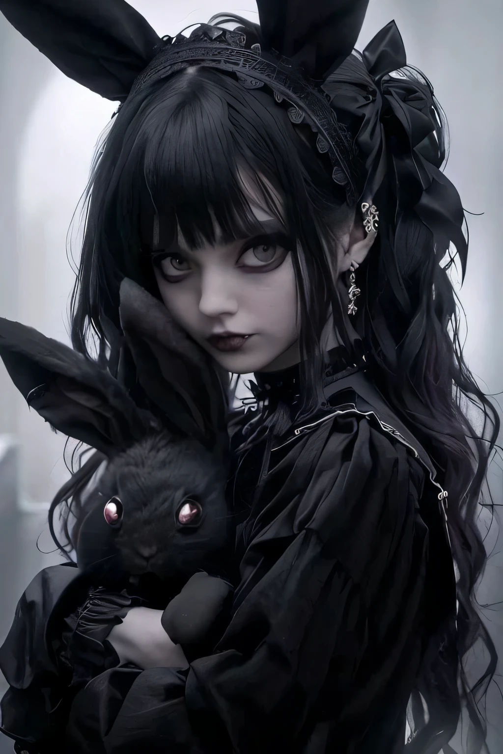 Arafed image of a girl with a bunny ear and a black dress.., 1 7 - year - old anime gothic girl, gothic maiden anime girl, Cara hermosa. dark fantasy, gothic girl, gothic girl, dreamy gothic girl, demonio chica anime, gothic girl face, Dark and gothic, gothic girl aesthetic, Estilo de arte oscuro, Chica anime, dark fantasy style