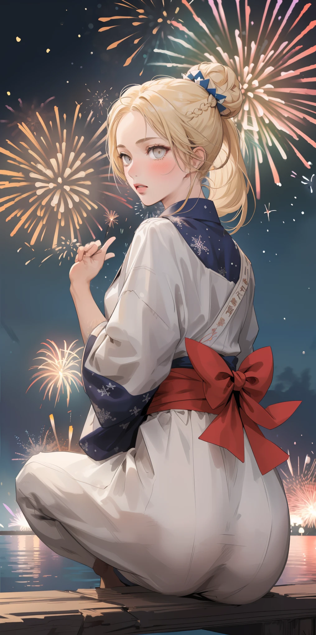 (((masterpiece))), (1girl:1.5), hyper detailed, highres, ((best quality)), (extremely delicate and beautiful), {8k cg wallpaper}, illustration, (blush), (braided ponytail | ponytail | hairbun), (extremely detailed background:1.6), (very long black hair|blonde hair), detailed face, night, festival, (kimono:0.7), outdoors, lantern, (fireworks:1.4), paper lantern, snow, wind, snowflakes, hair ornament, open eyes (blind really white eyes), (from behind:1.3), sitting, river, riverbank, starry sky, (holding hands:0.6), leaning on person, pointing, on heaven